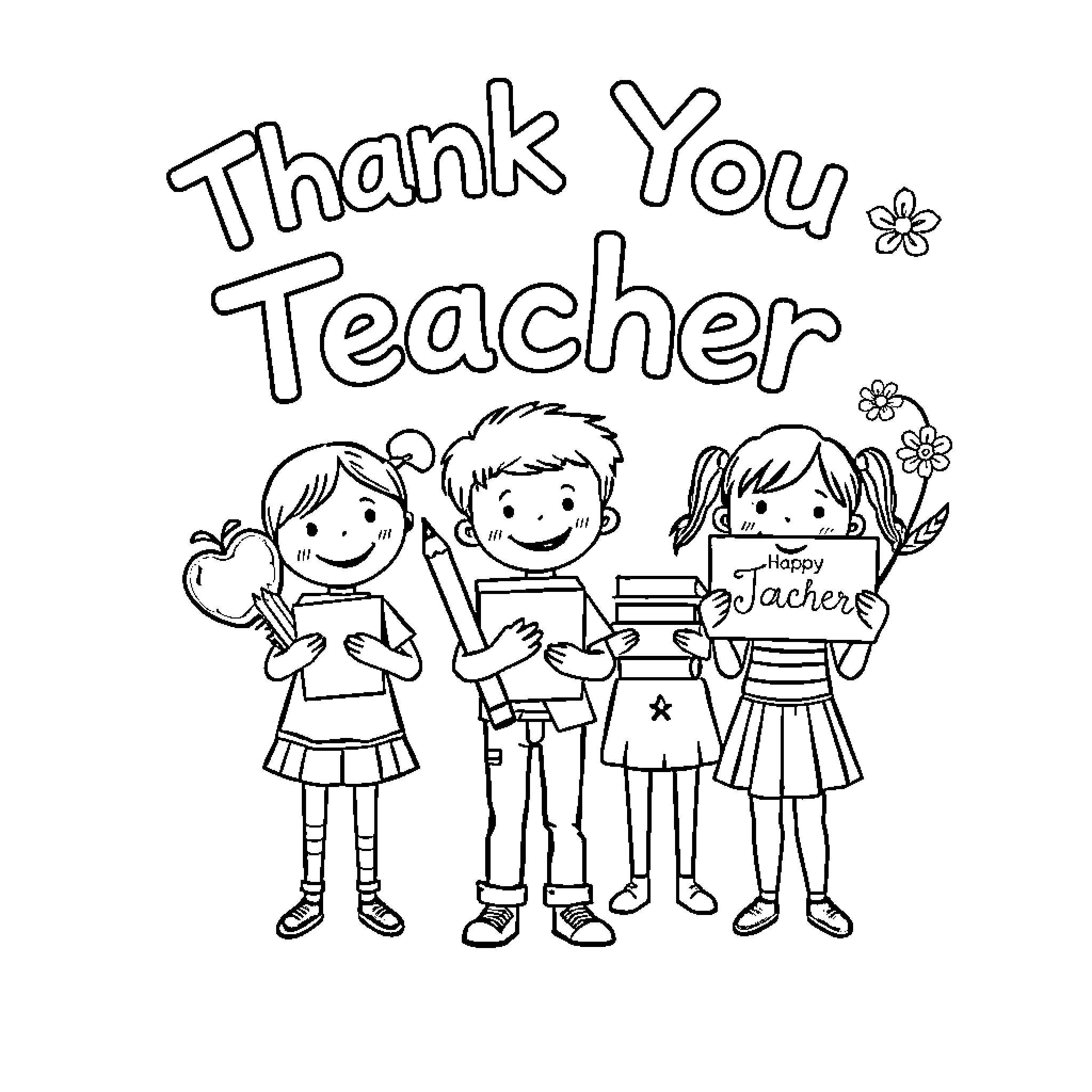 Teacher Appreciated by Grateful Students Coloring Page (free black-and-white line drawing printable PDF for all, from beginners to advanced learners, including children, teens, adults, and seniors)
