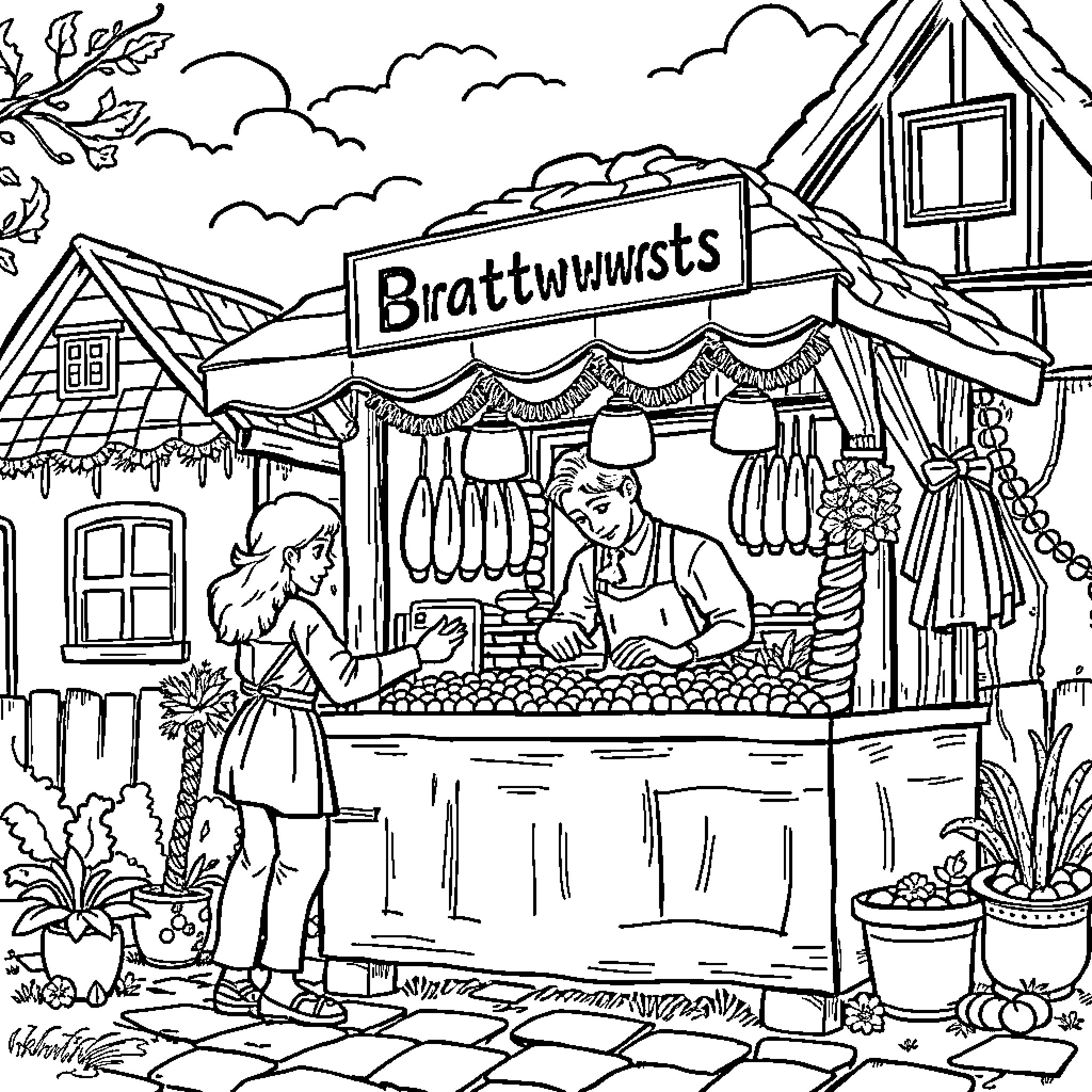 Bratwurst vendors selling traditional sausages at a bustling market Coloring Page (free black-and-white line drawing printable PDF for all, from beginners to advanced learners, including children, teens, adults, and seniors)