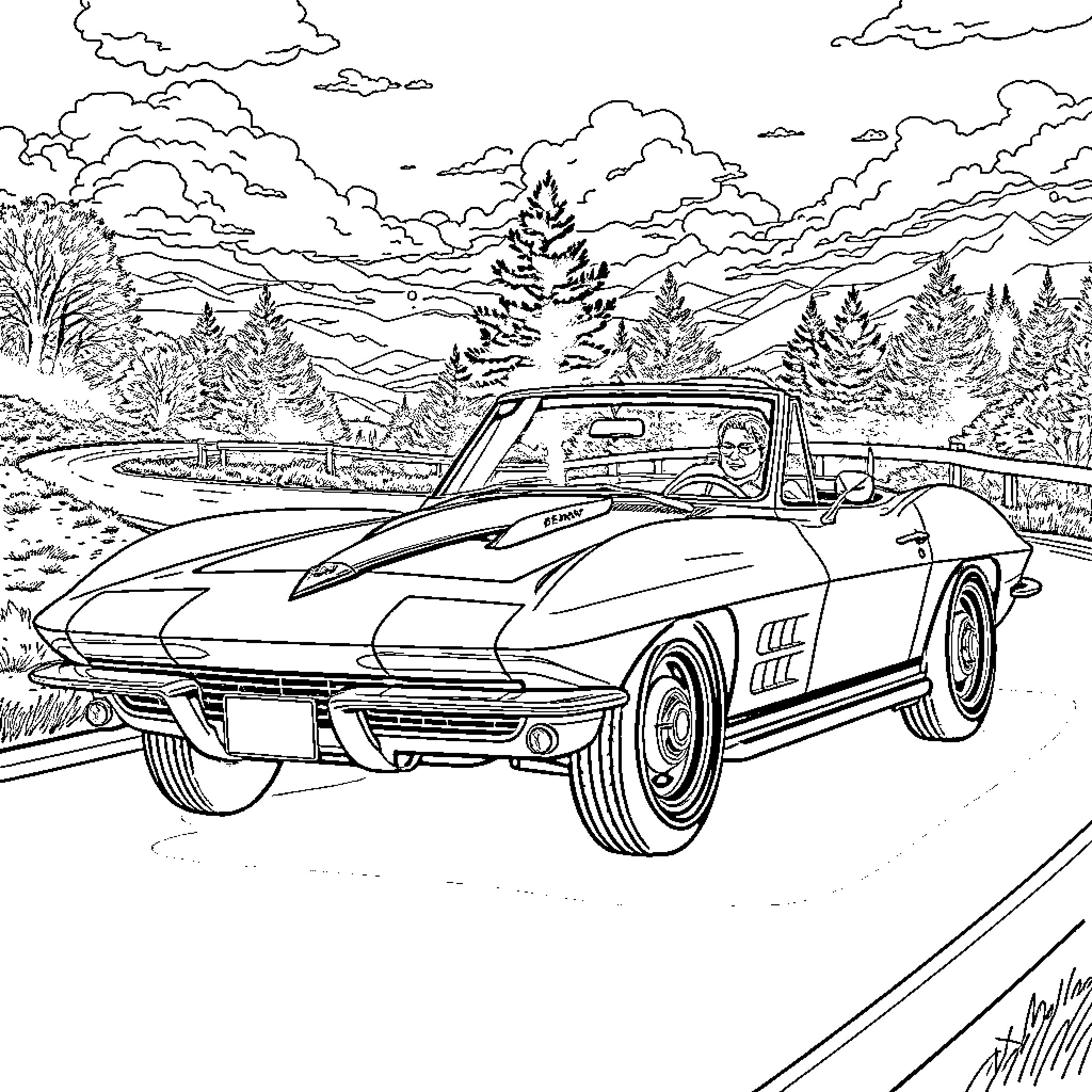 Dean's Vintage Corvette Cruising Through the Countryside Coloring Page (free black-and-white line drawing printable PDF for all, from beginners to advanced learners, including children, teens, adults, and seniors)