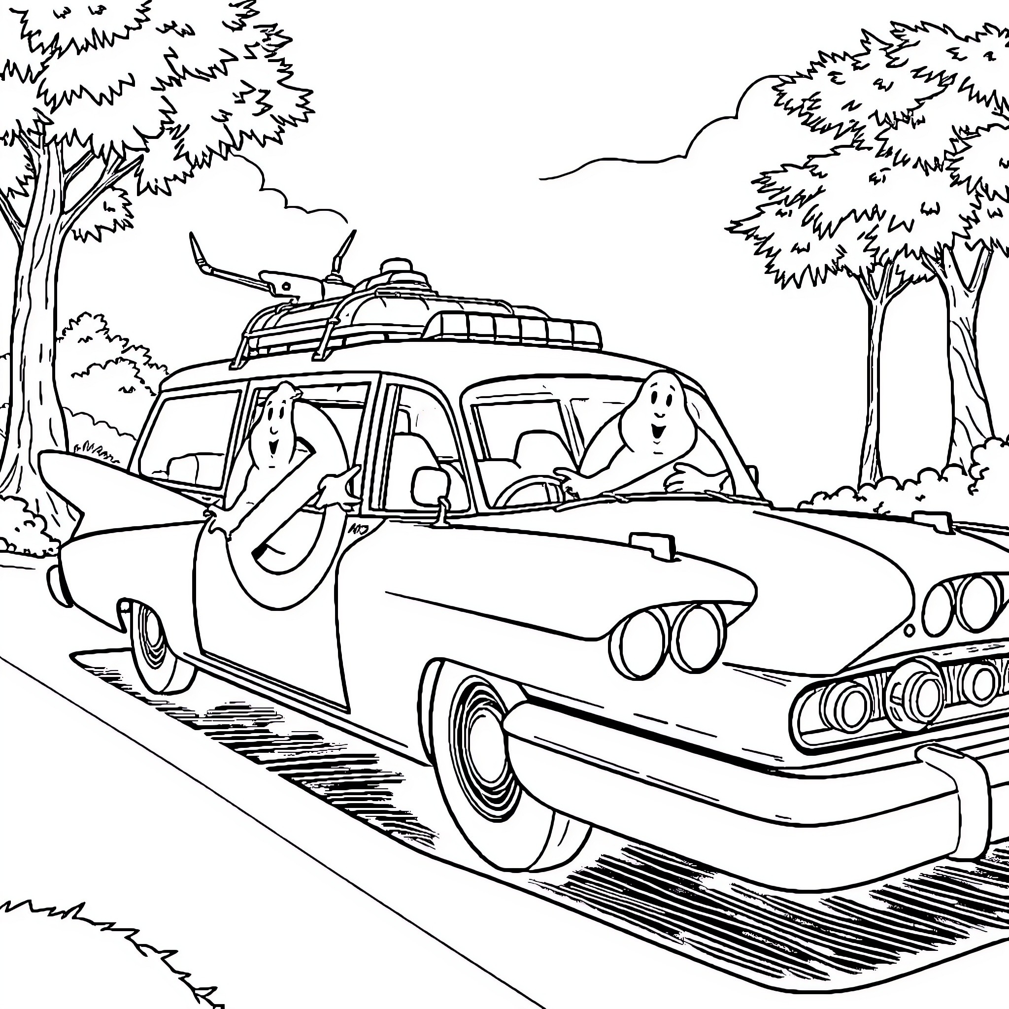 Ghostbusters Team in Retro Car on the Road Coloring Page (free black-and-white line drawing printable PDF for all, from beginners to advanced learners, including children, teens, adults, and seniors)