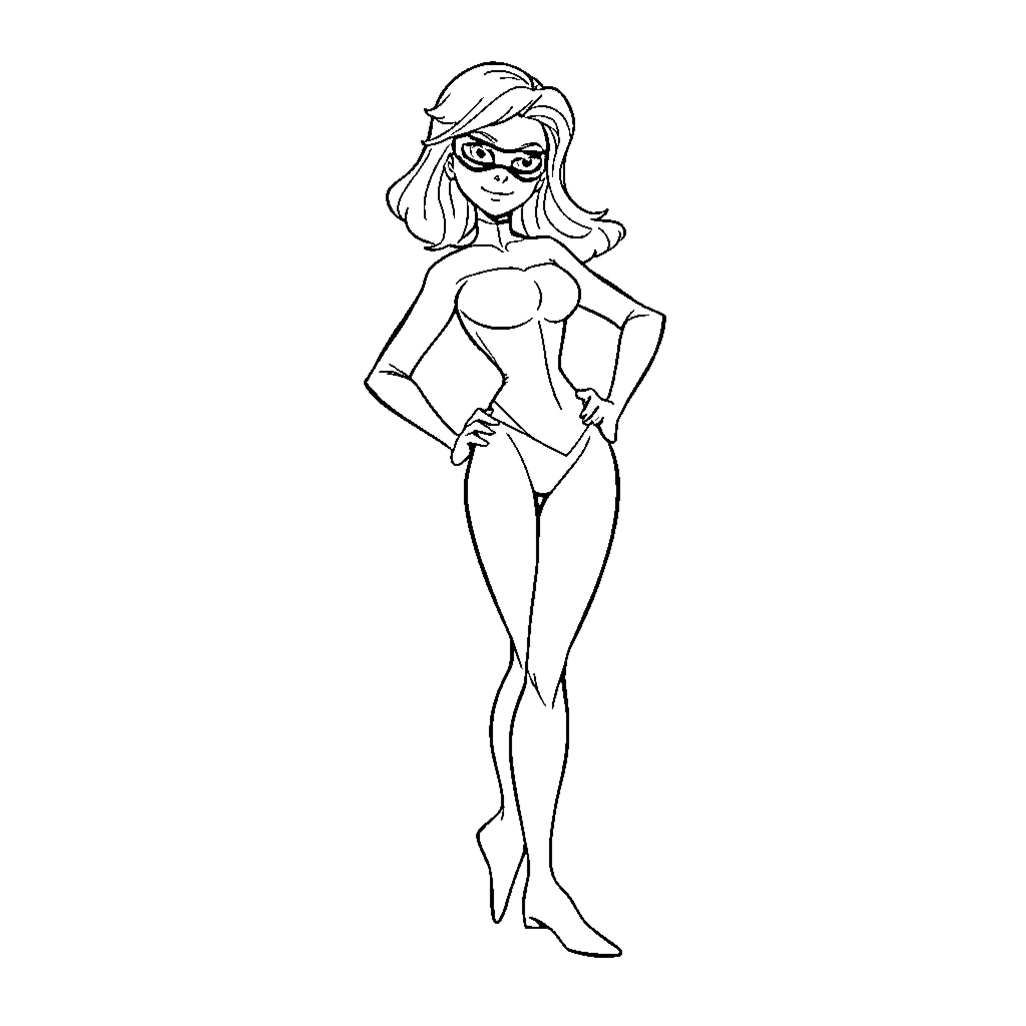 Elastigirl in heroic pose with confidence Coloring Page (free black-and-white line drawing printable PDF for all, from beginners to advanced learners, including children, teens, adults, and seniors)