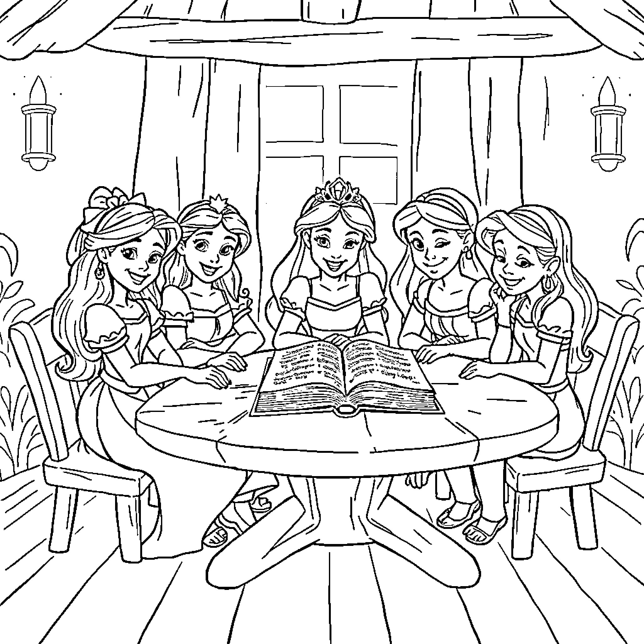 Princess Princesses Reading Books Together Coloring Page (free black-and-white line drawing printable PDF for all, from beginners to advanced learners, including children, teens, adults, and seniors)