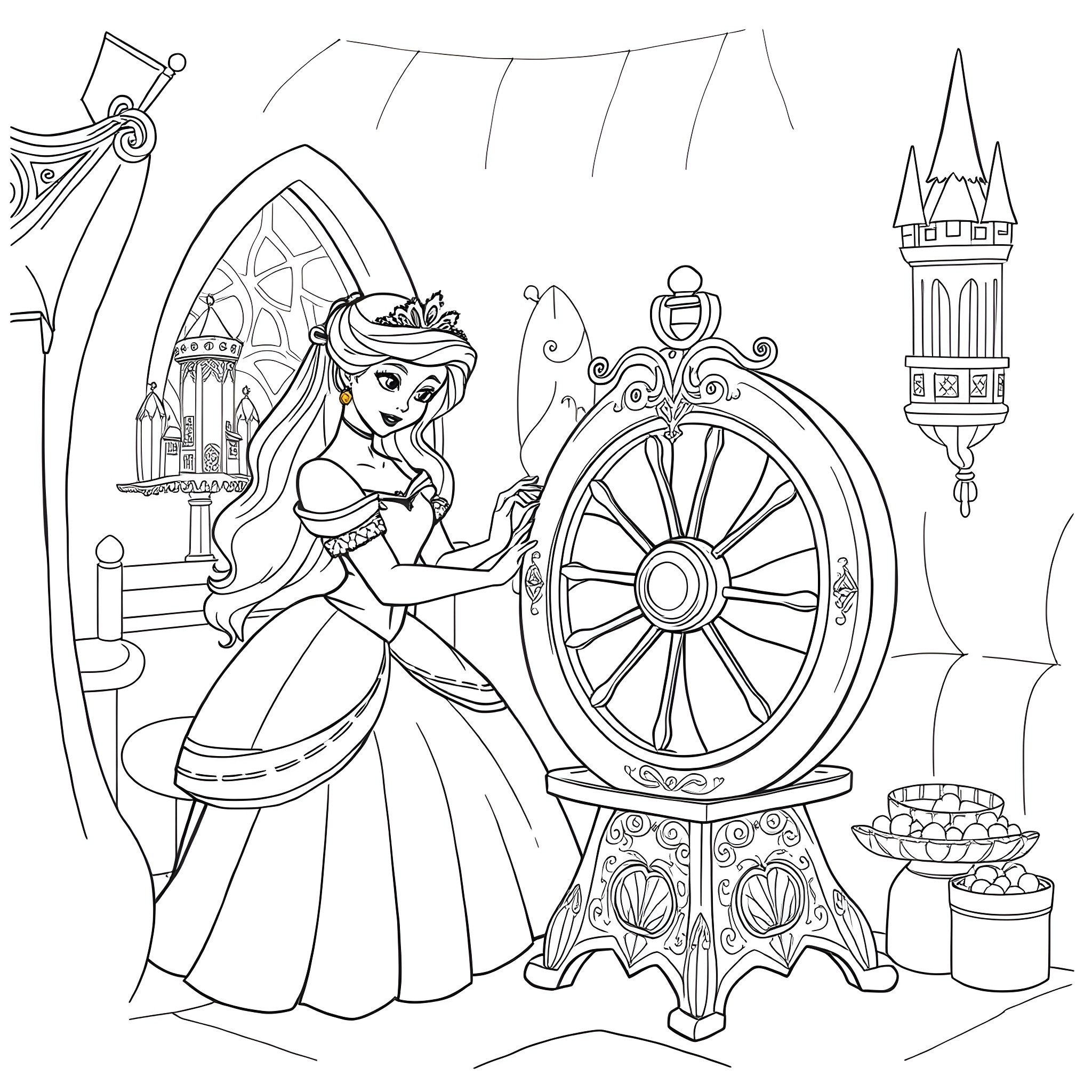 Sleeping Beauty spinning at the spinning wheel Coloring Page (free black-and-white line drawing printable PDF for all, from beginners to advanced learners, including children, teens, adults, and seniors)