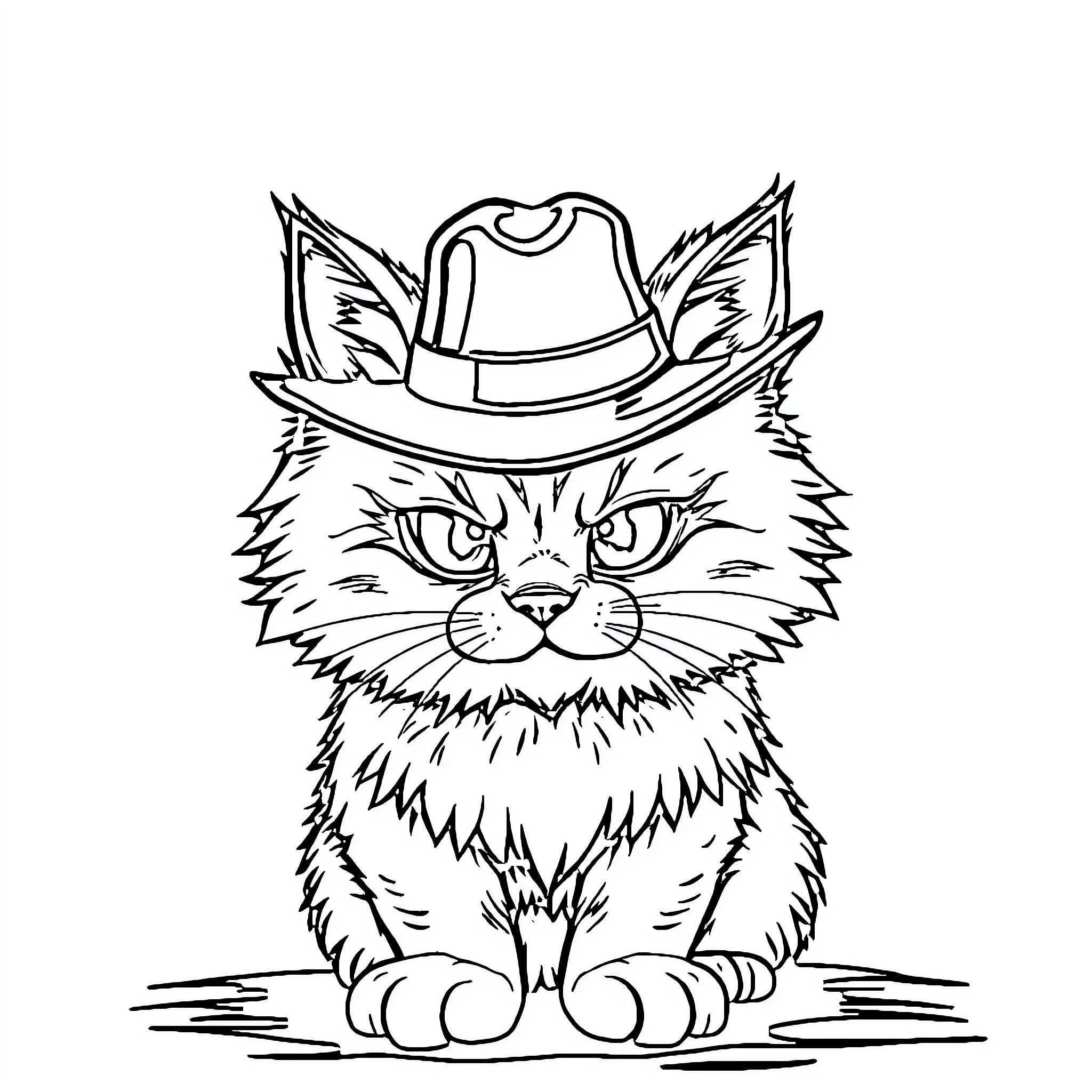 Cat wearing a cowboy hat Coloring Page (free black-and-white line drawing printable PDF for all, from beginners to advanced learners, including children, teens, adults, and seniors)