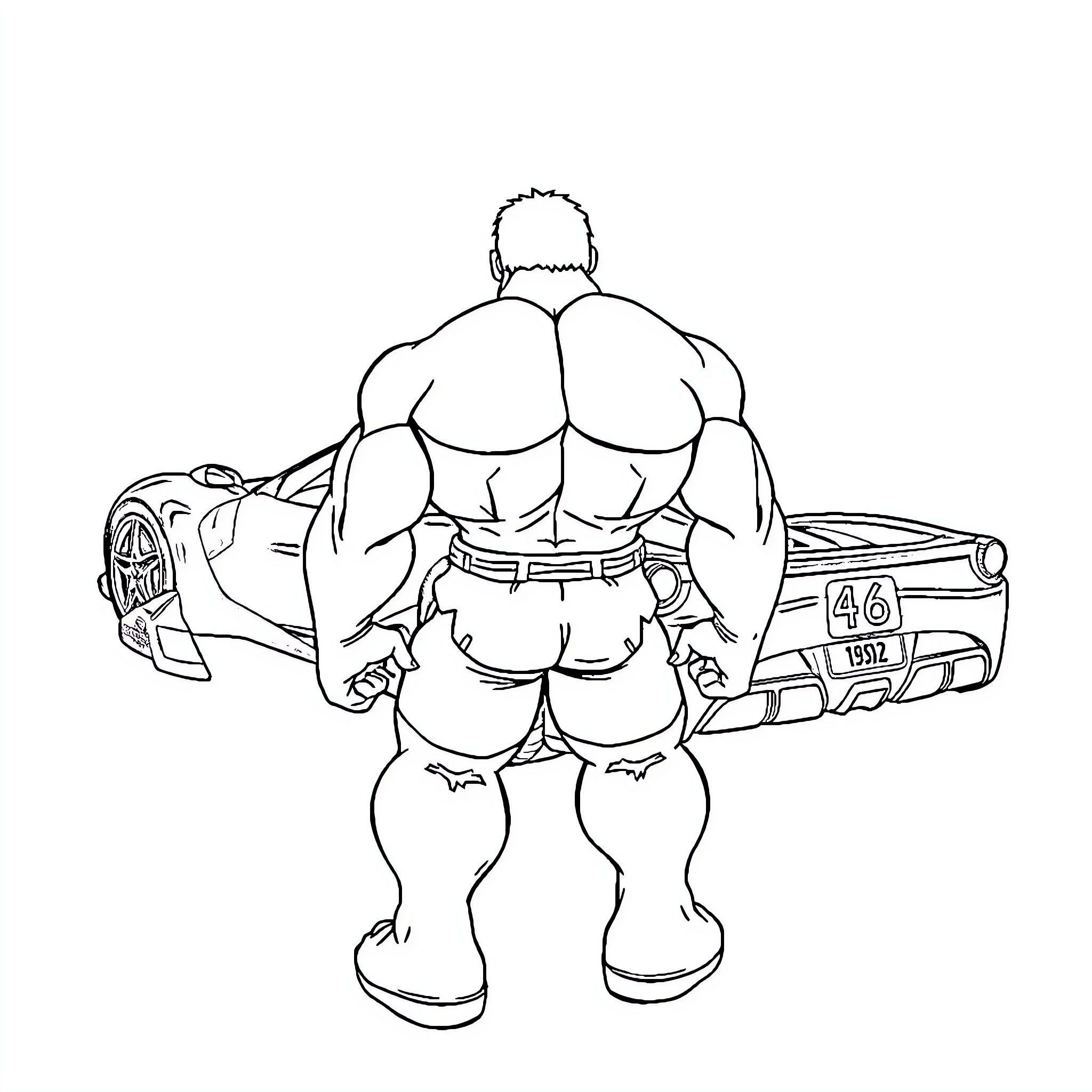 Hulk smashing a car with his bare hands Coloring Page (free black-and-white line drawing printable PDF for all, from beginners to advanced learners, including children, teens, adults, and seniors)