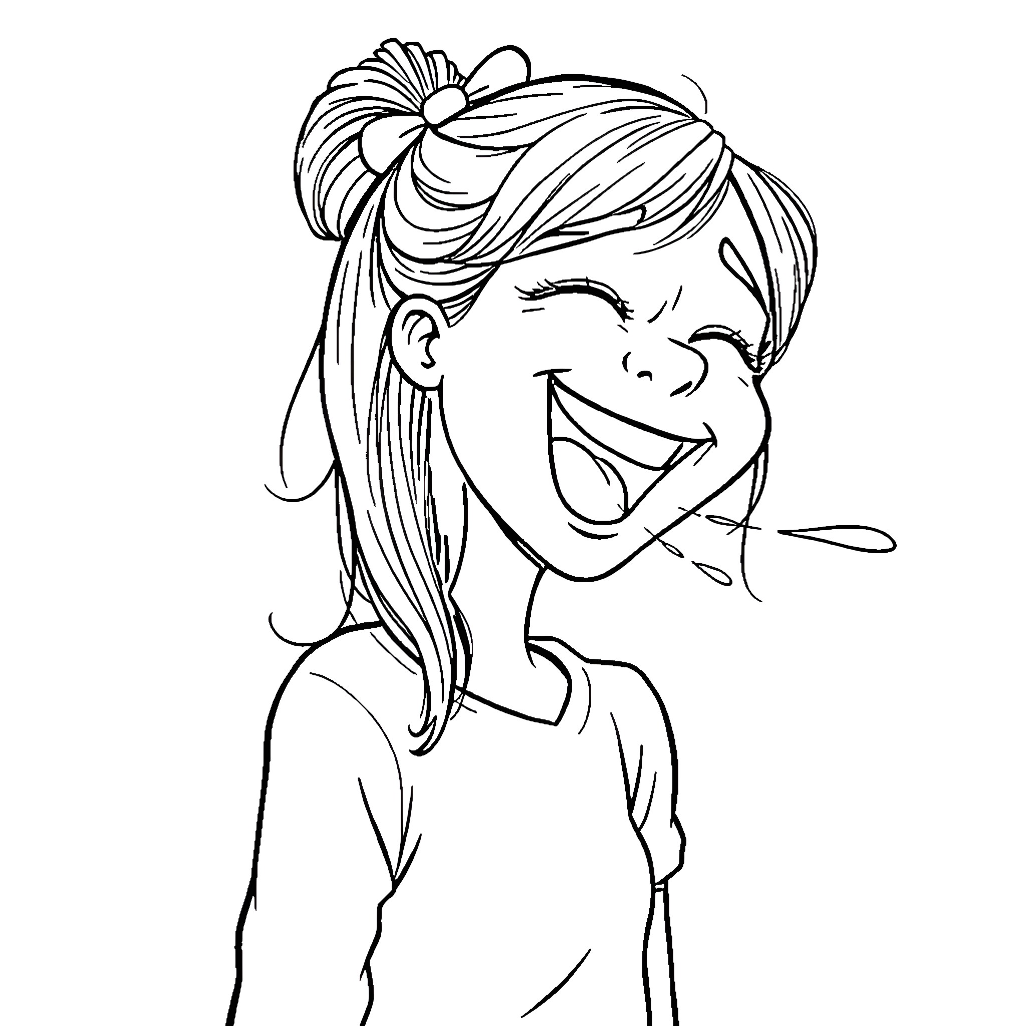 Girl smiling joyfully with flowing hair Coloring Page (free black-and-white line drawing printable PDF for all, from beginners to advanced learners, including children, teens, adults, and seniors)