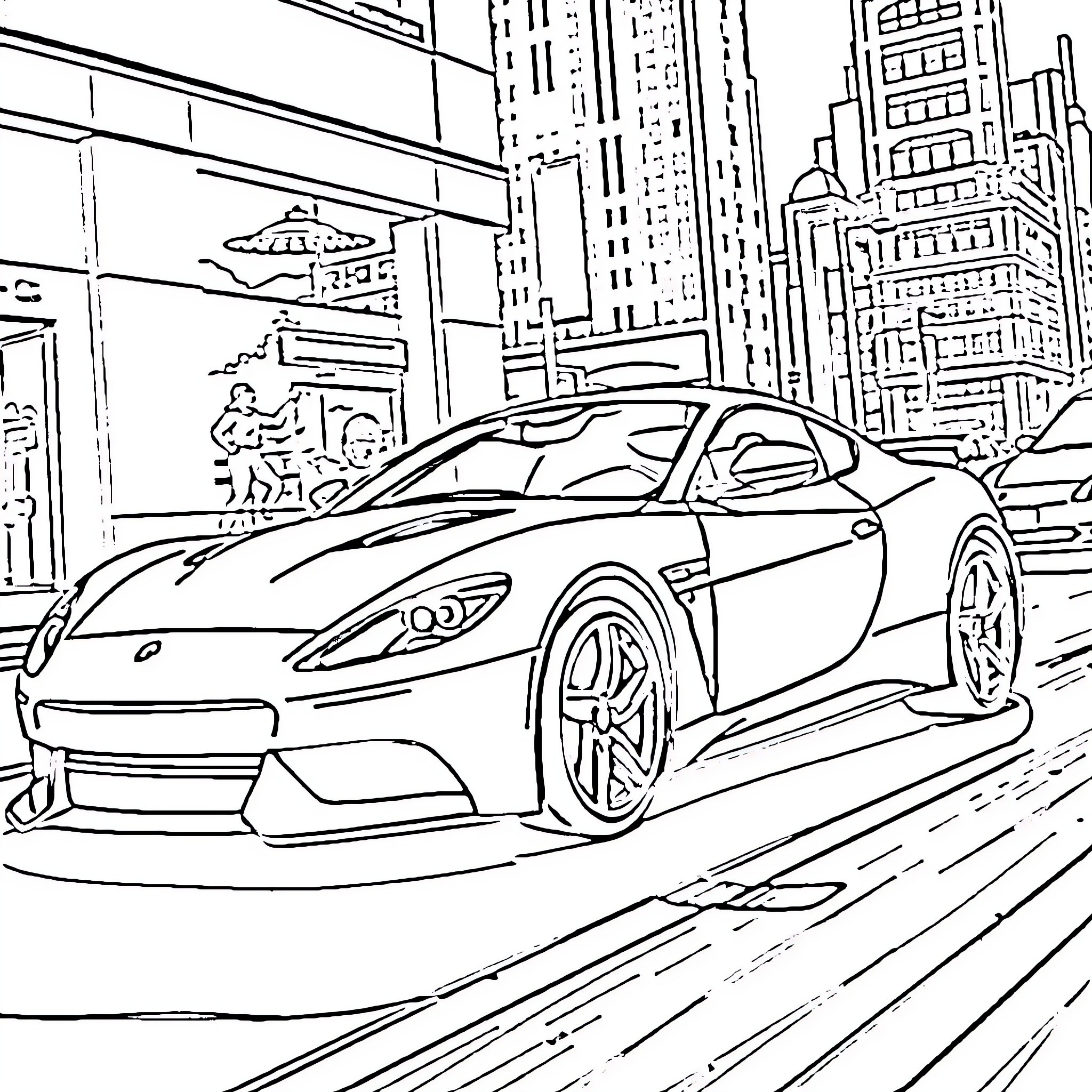 Sports Car Speeding Through City Streets Coloring Page (free black-and-white line drawing printable PDF for all, from beginners to advanced learners, including children, teens, adults, and seniors)