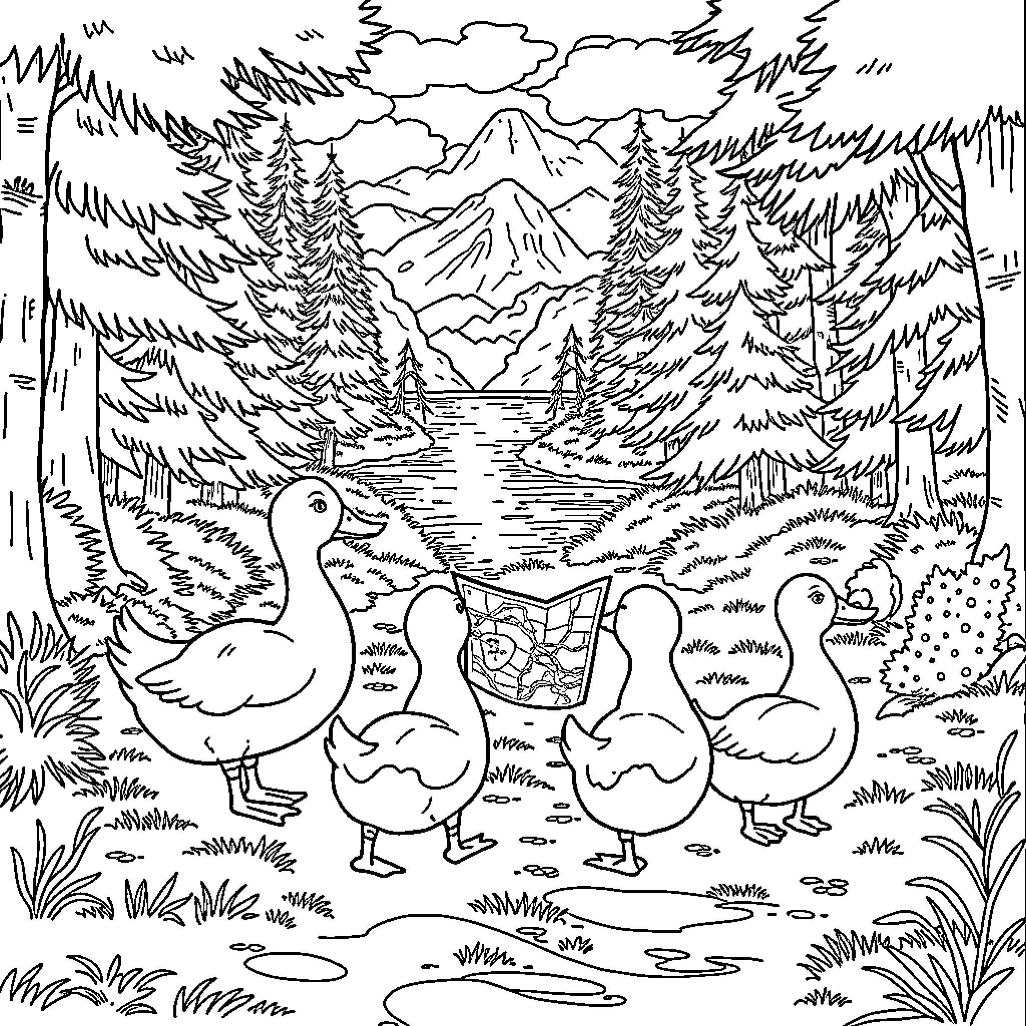 Duck Ducklings Exploring Serene Nature Landscape Coloring Page (free black-and-white line drawing printable PDF for all, from beginners to advanced learners, including children, teens, adults, and seniors)