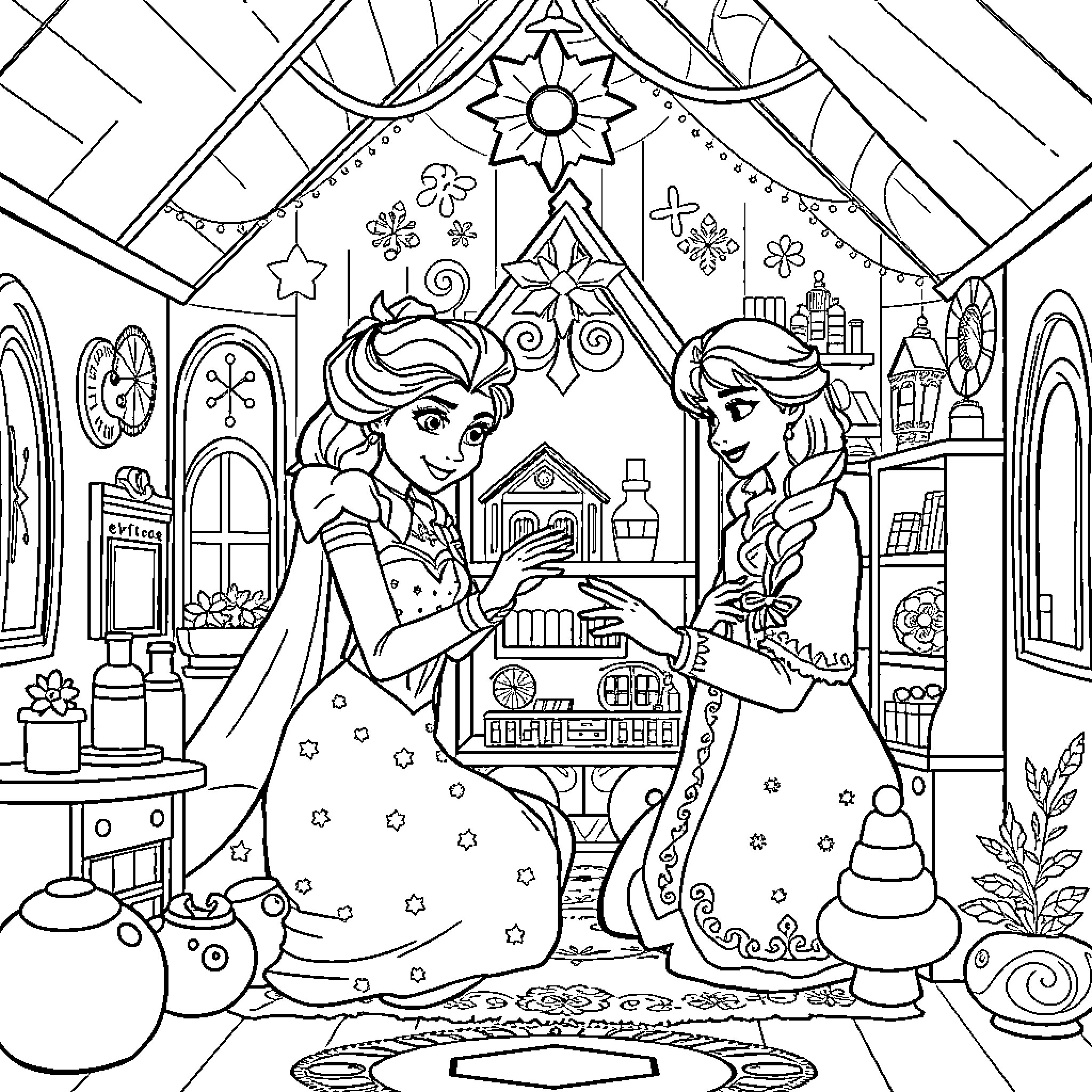 Elsa and Anna's Enchanting Winter Palace Coloring Page (free black-and-white line drawing printable PDF for all, from beginners to advanced learners, including children, teens, adults, and seniors)