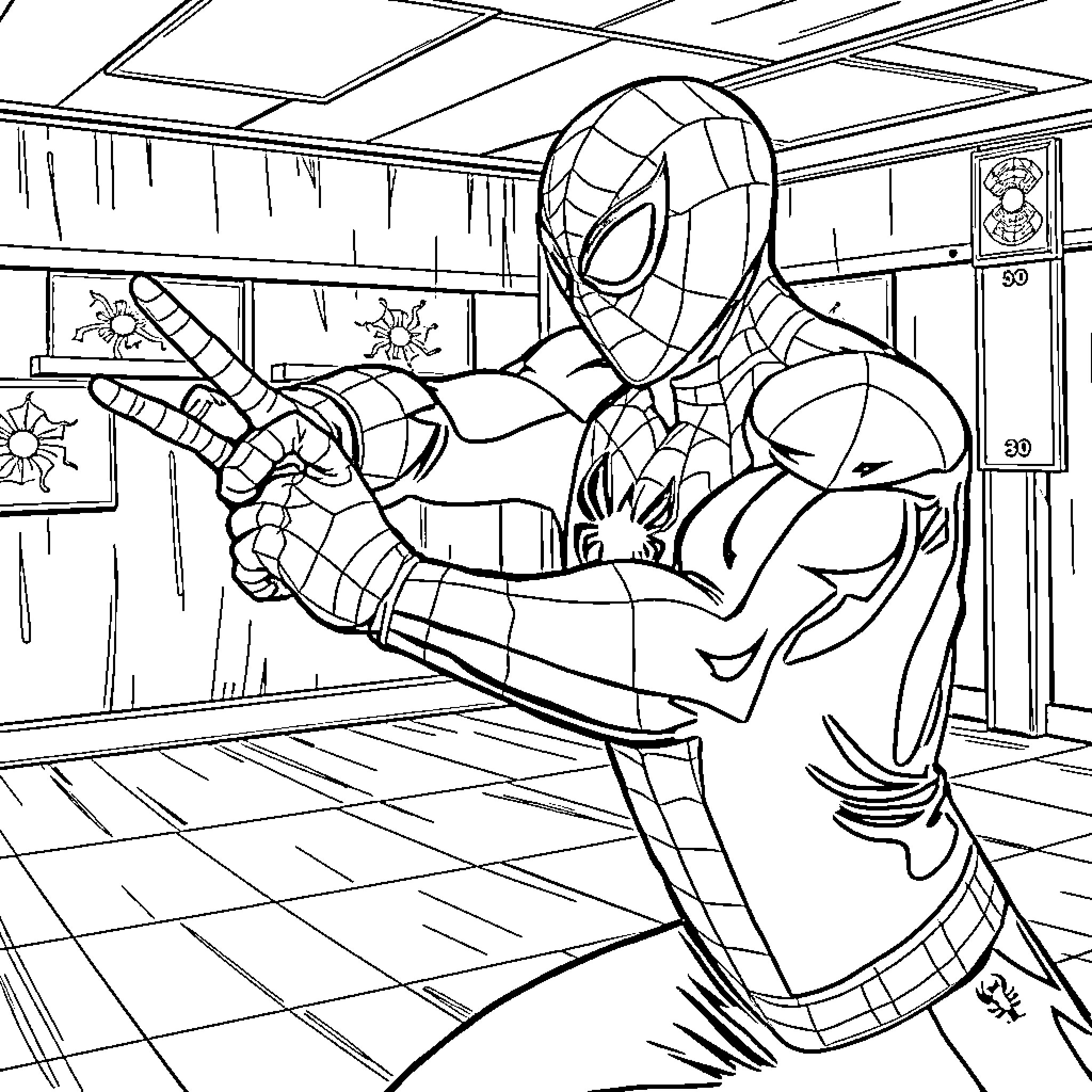 Spiderman ready to take action in the city Coloring Page (free black-and-white line drawing printable PDF for all, from beginners to advanced learners, including children, teens, adults, and seniors)