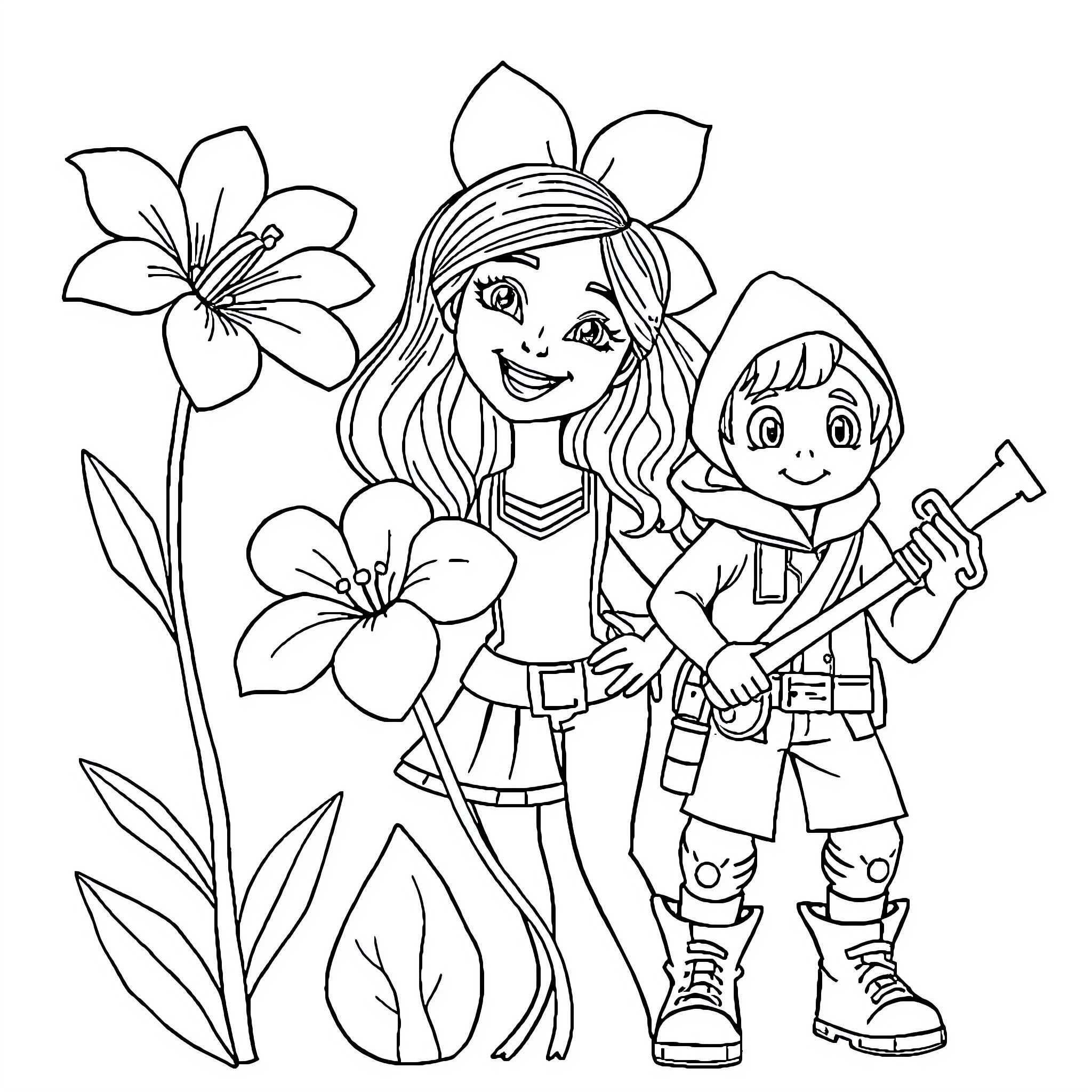 Azalea: Girl and Boy Exploring Floral World Coloring Page (free black-and-white line drawing printable PDF for all, from beginners to advanced learners, including children, teens, adults, and seniors)