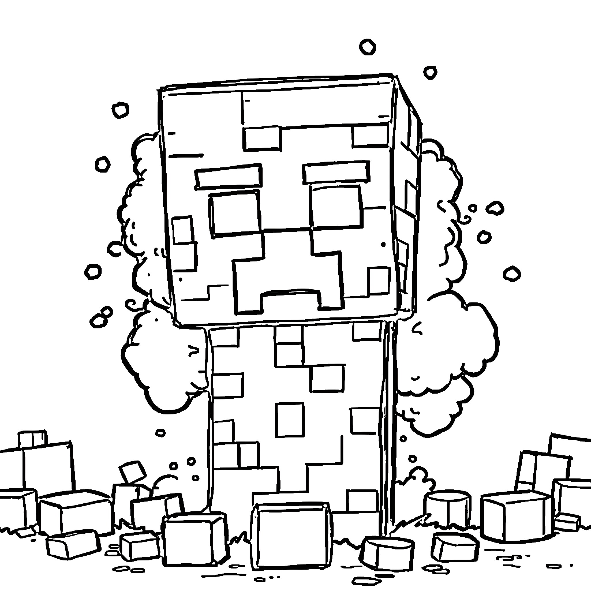 Creeper Advancing Through Cubed Landscape Coloring Page (free black-and-white line drawing printable PDF for all, from beginners to advanced learners, including children, teens, adults, and seniors)