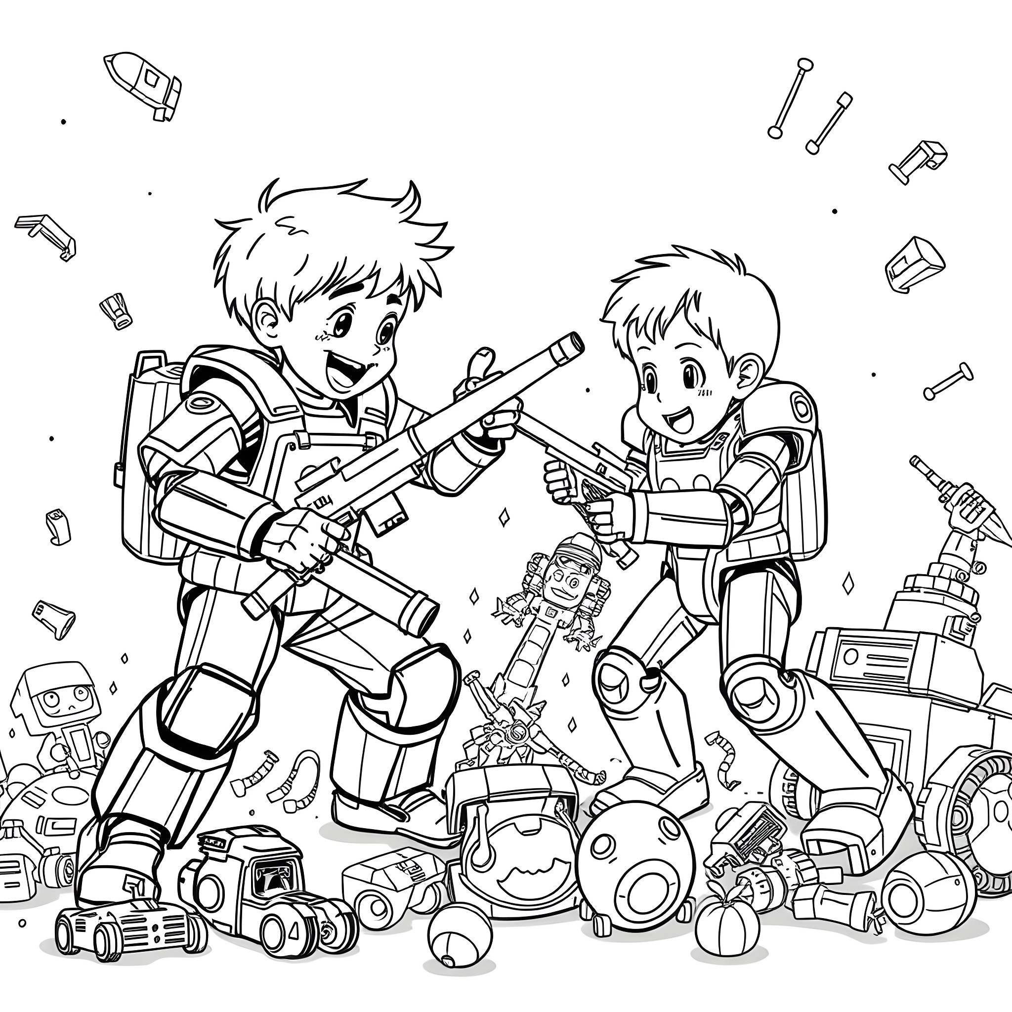 Transformer characters in action Coloring Page (free black-and-white line drawing printable PDF for all, from beginners to advanced learners, including children, teens, adults, and seniors)