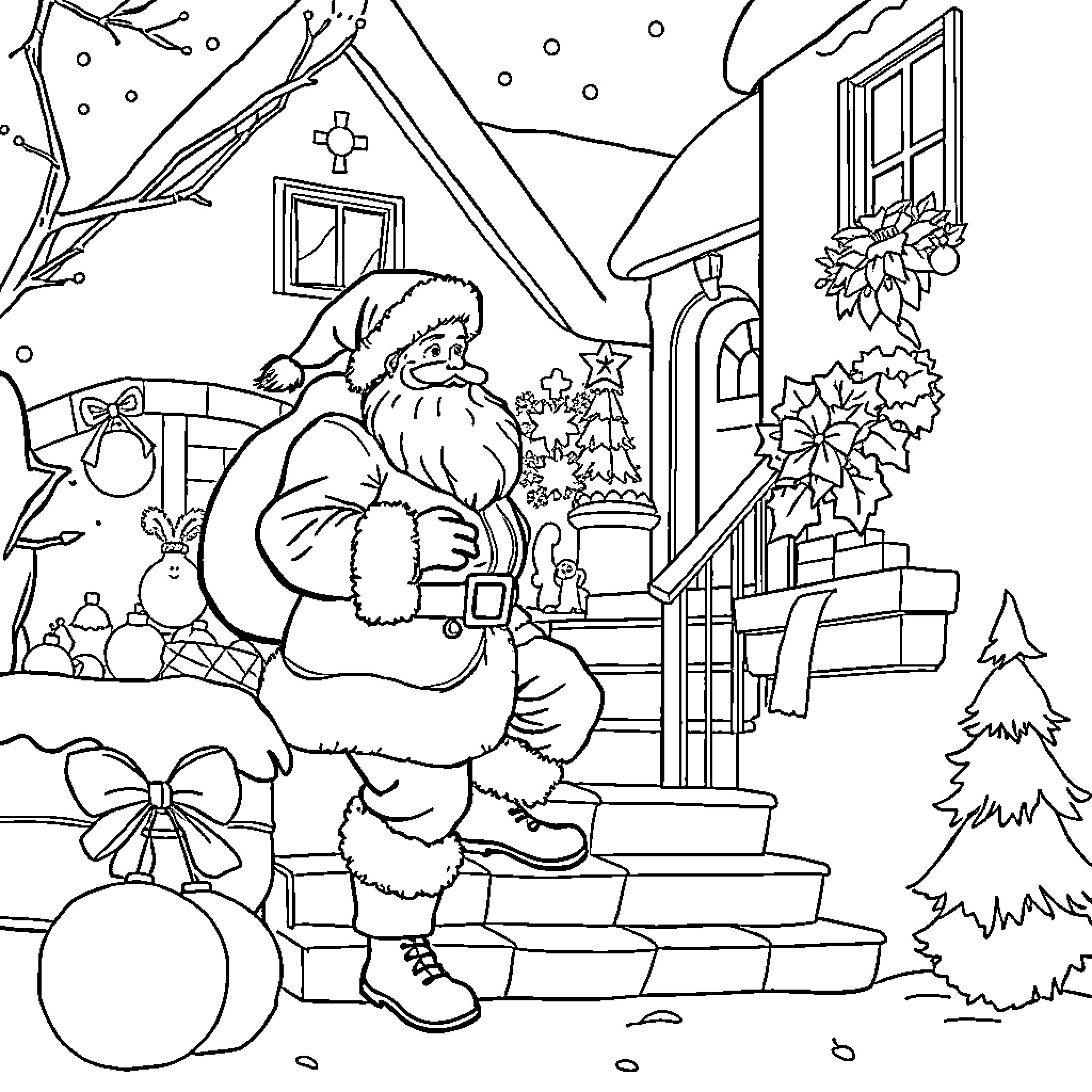 Père Noël greeting and delivering gifts at a snowy cottage Coloring Page (free black-and-white line drawing printable PDF for all, from beginners to advanced learners, including children, teens, adults, and seniors)