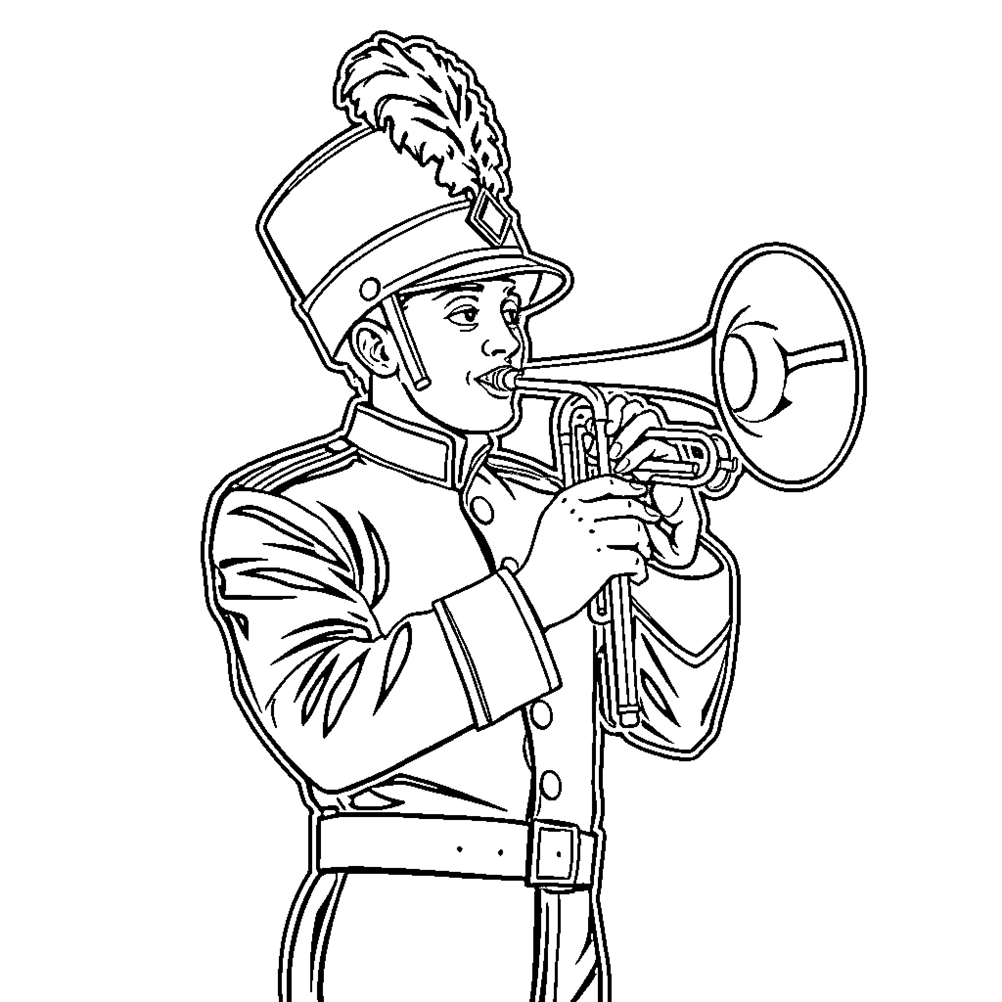 Marching Band Member Playing Trumpet with Enthusiasm Coloring Page (free black-and-white line drawing printable PDF for all, from beginners to advanced learners, including children, teens, adults, and seniors)