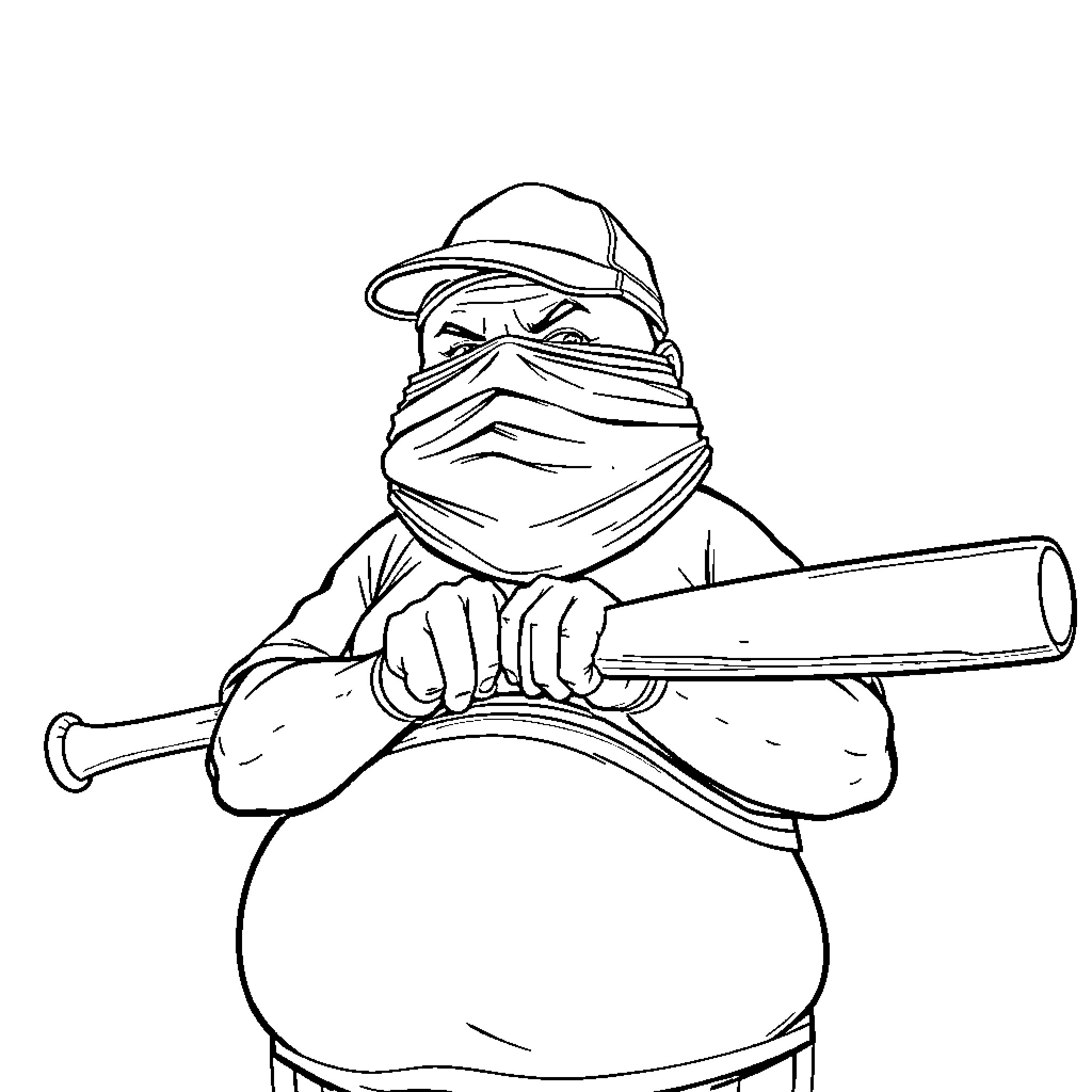Guy in protective gear wielding baseball bat Coloring Page (free black-and-white line drawing printable PDF for all, from beginners to advanced learners, including children, teens, adults, and seniors)