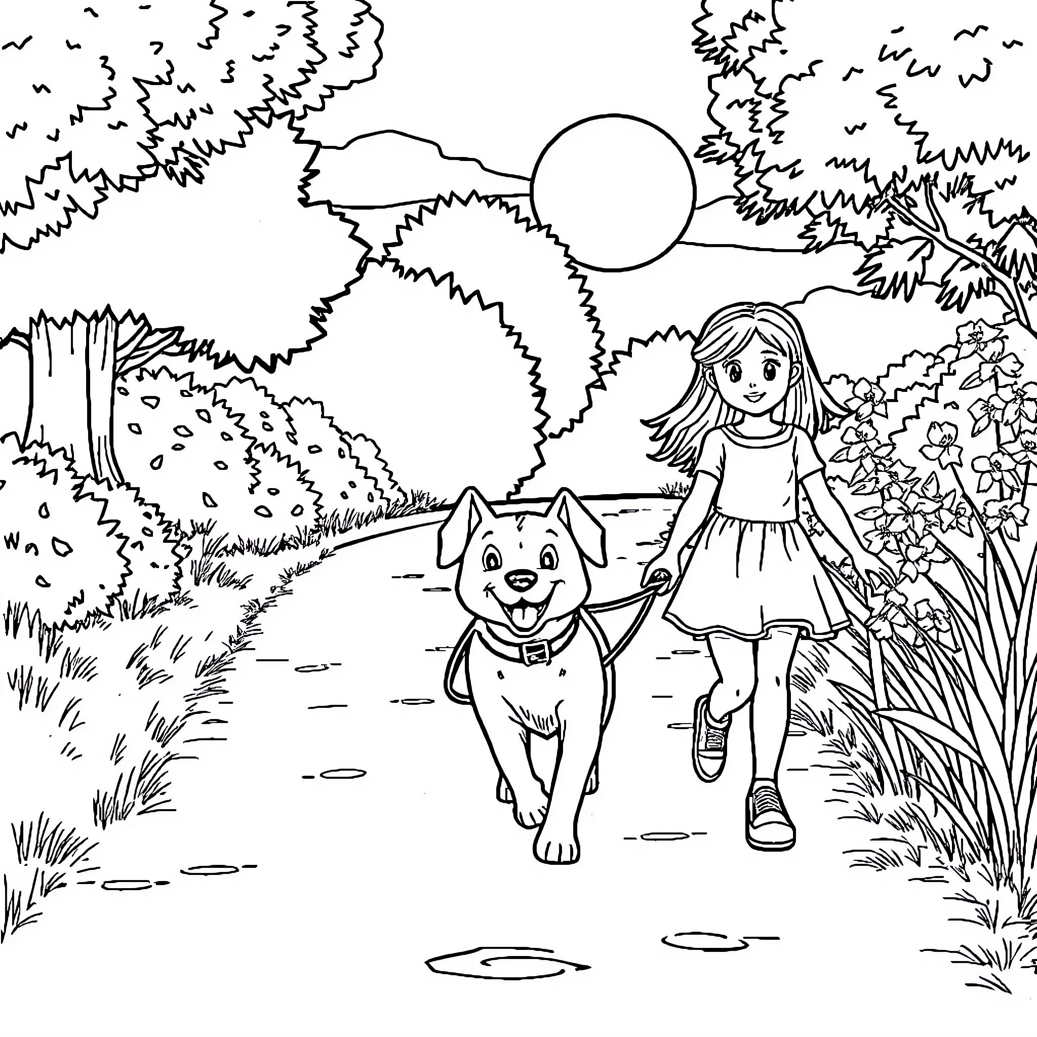 Dog and girl walking together in nature Coloring Page (free black-and-white line drawing printable PDF for all, from beginners to advanced learners, including children, teens, adults, and seniors)