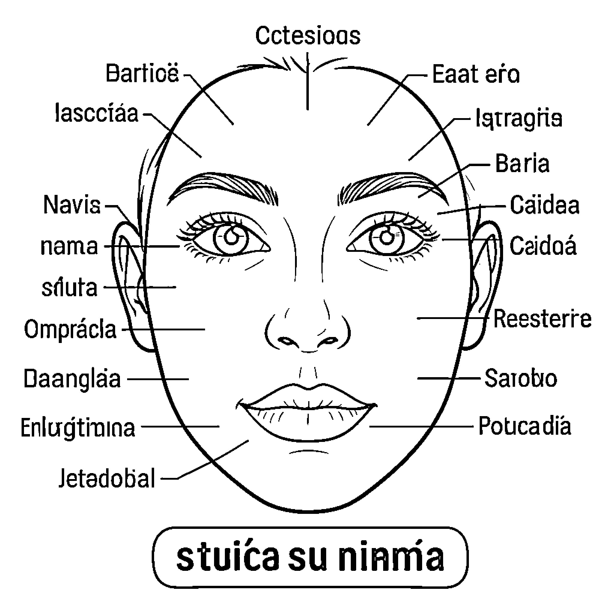 Face map with anatomical terminology Coloring Page (free black-and-white line drawing printable PDF for all, from beginners to advanced learners, including children, teens, adults, and seniors)