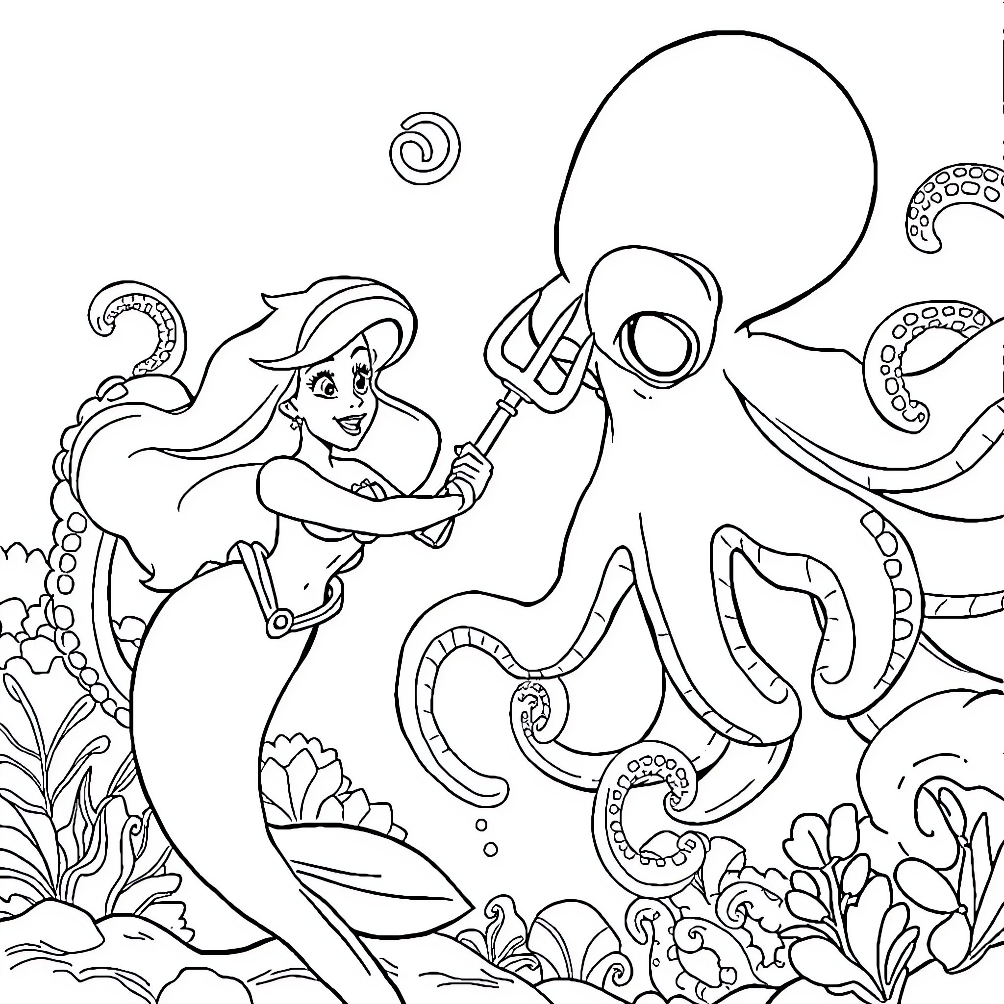 Ariel exploring the underwater world with an octopus Coloring Page (free black-and-white line drawing printable PDF for all, from beginners to advanced learners, including children, teens, adults, and seniors)