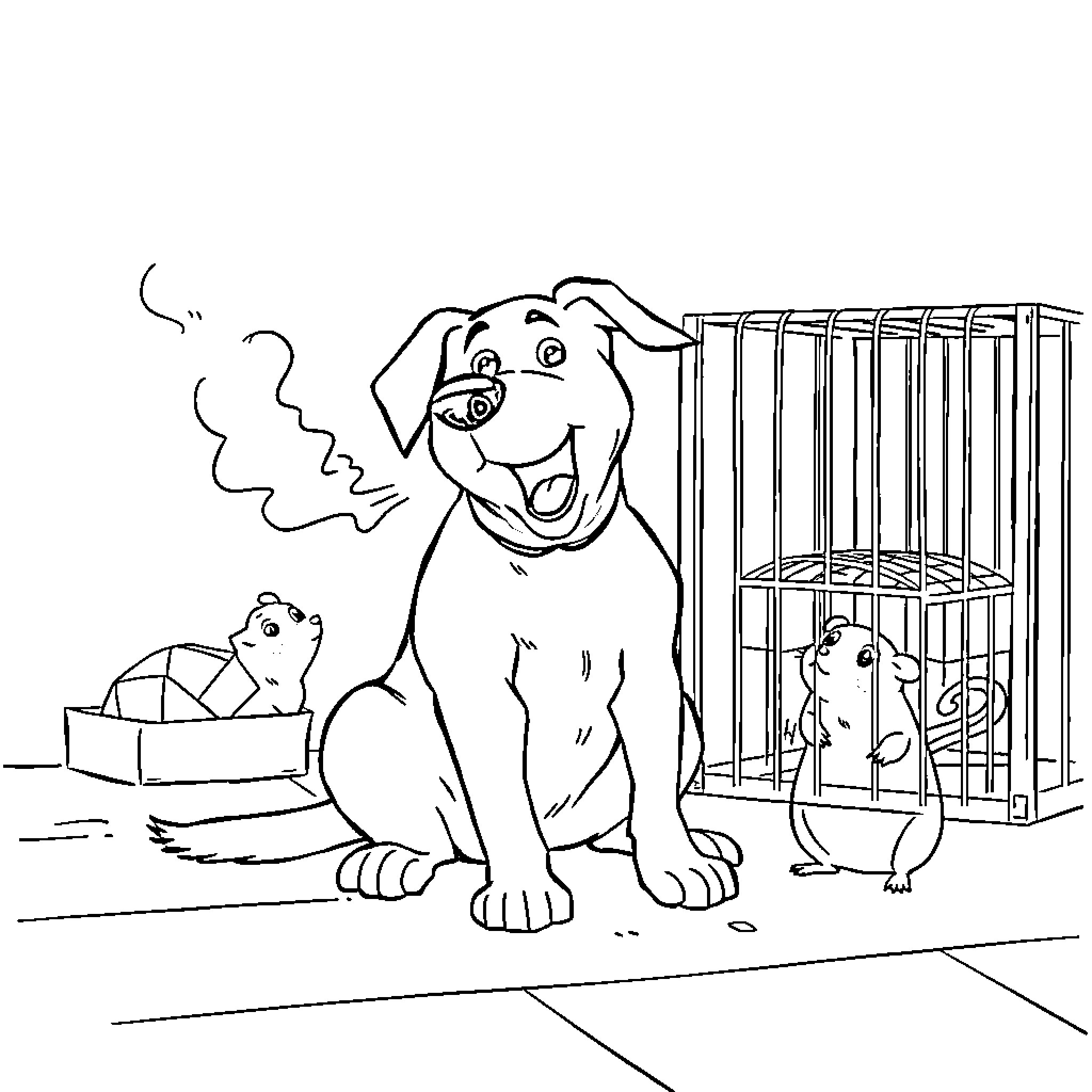 Dog playing with puppies near a pet cage Coloring Page (free black-and-white line drawing printable PDF for all, from beginners to advanced learners, including children, teens, adults, and seniors)