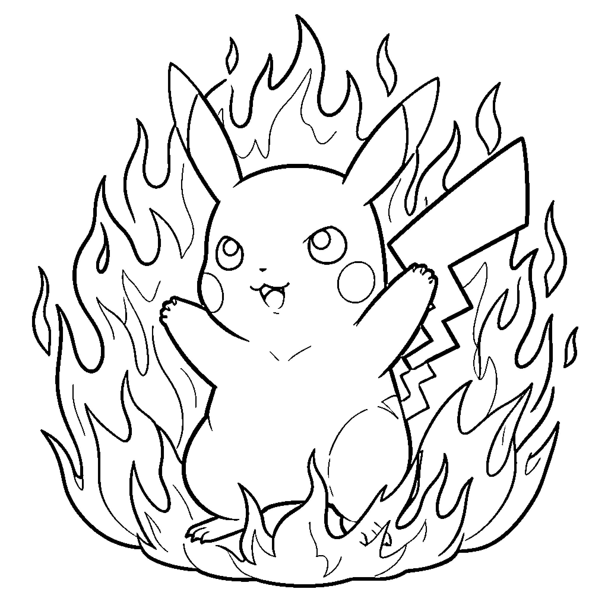 Pikachu celebrating joyfully amidst swirling flames Coloring Page (free black-and-white line drawing printable PDF for all, from beginners to advanced learners, including children, teens, adults, and seniors)