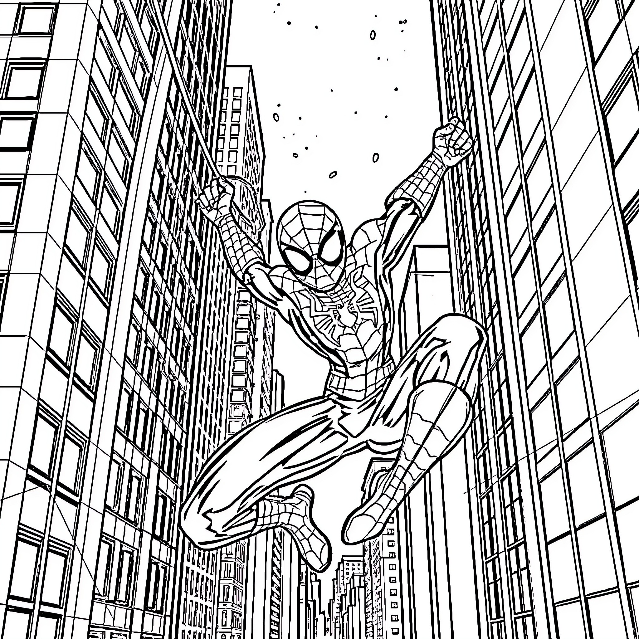 Spiderman swinging through the city skyscrapers Coloring Page (free black-and-white line drawing printable PDF for all, from beginners to advanced learners, including children, teens, adults, and seniors)