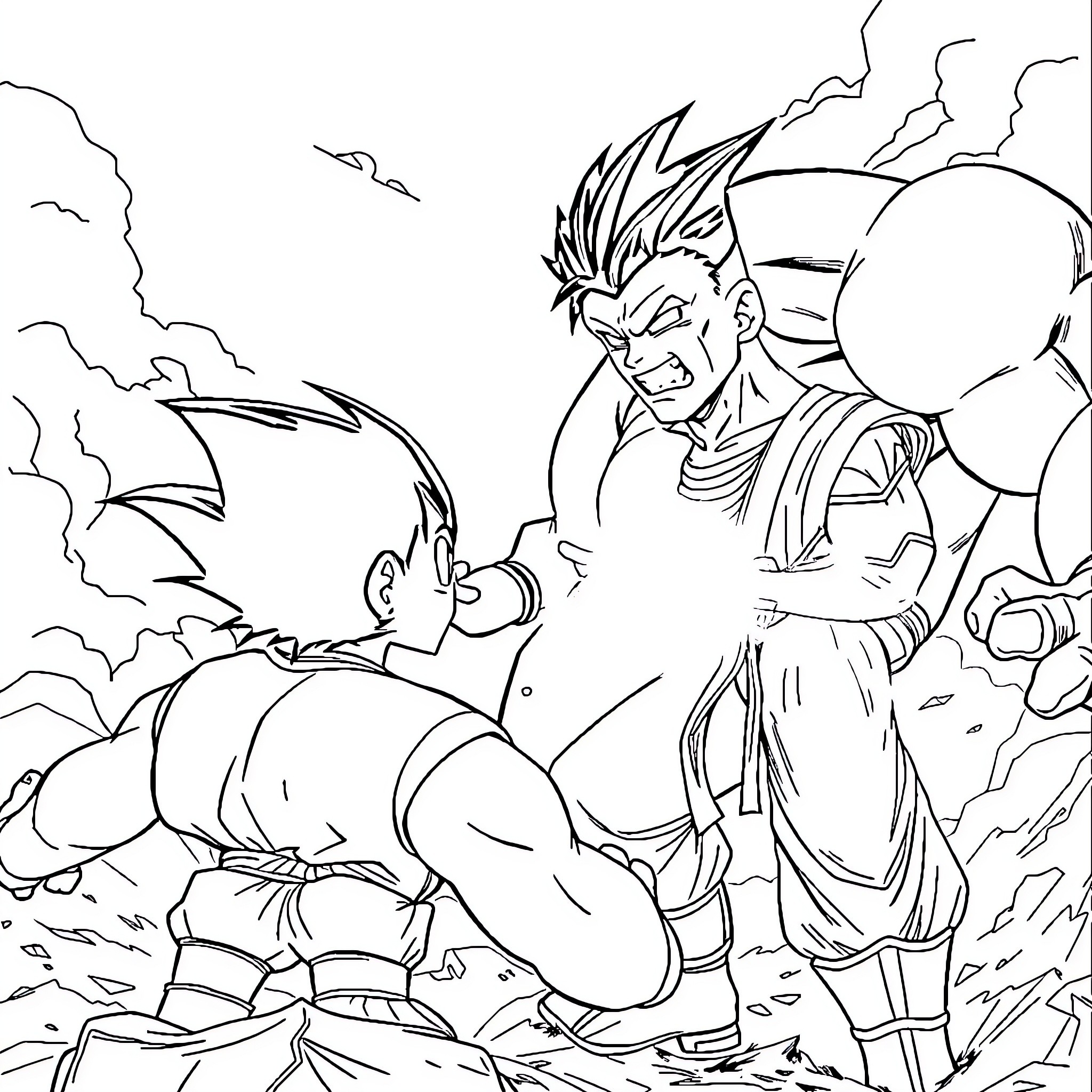 Gohan engaging in intense battle Coloring Page (free black-and-white line drawing printable PDF for all, from beginners to advanced learners, including children, teens, adults, and seniors)