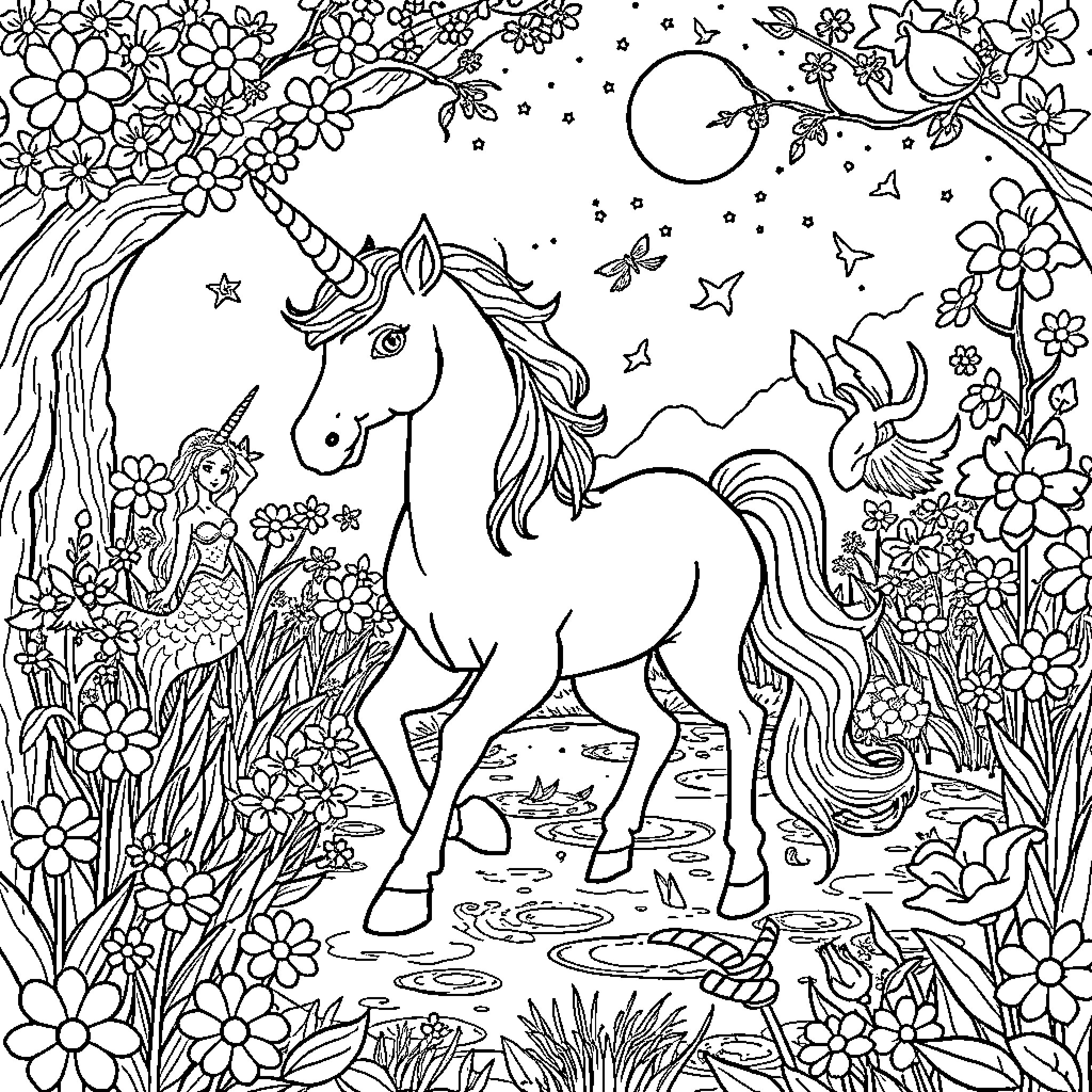 Unicorn standing amidst a magical floral landscape Coloring Page (free black-and-white line drawing printable PDF for all, from beginners to advanced learners, including children, teens, adults, and seniors)