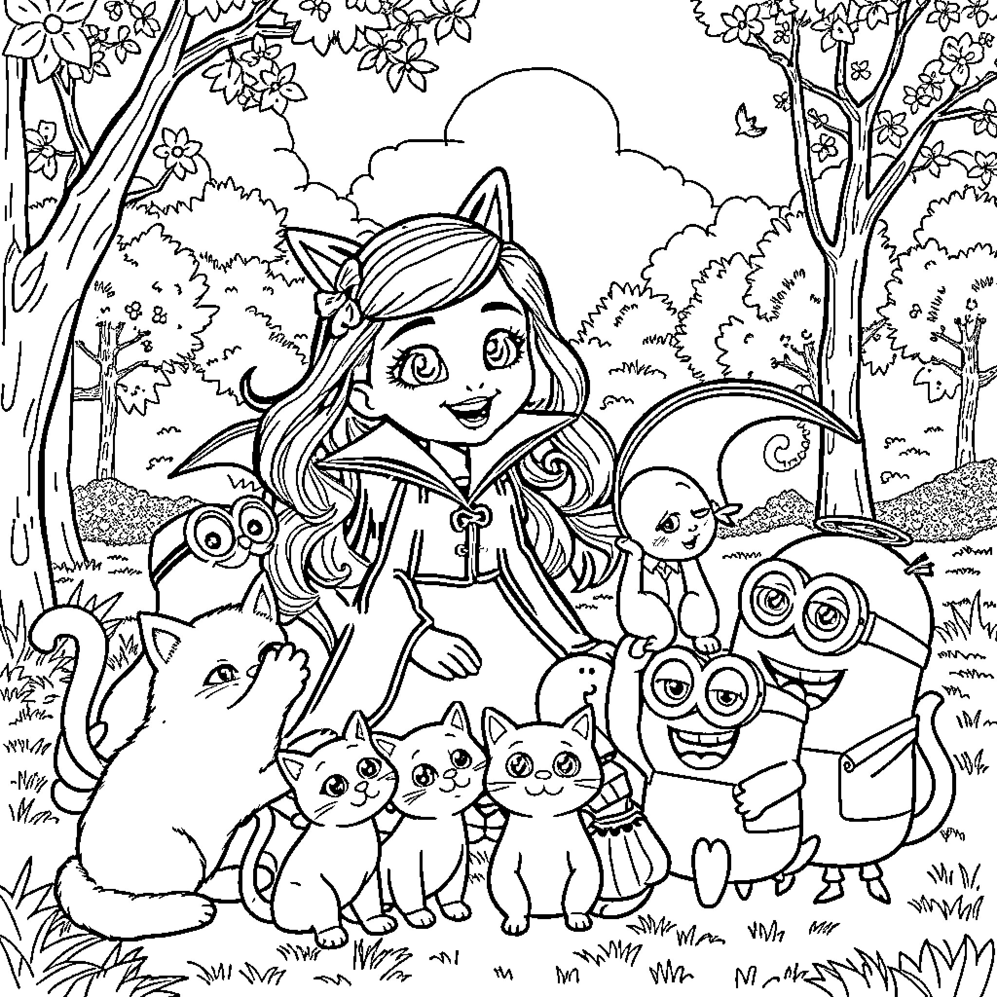 Gabby's adventure with animal friends in the forest Coloring Page (free black-and-white line drawing printable PDF for all, from beginners to advanced learners, including children, teens, adults, and seniors)
