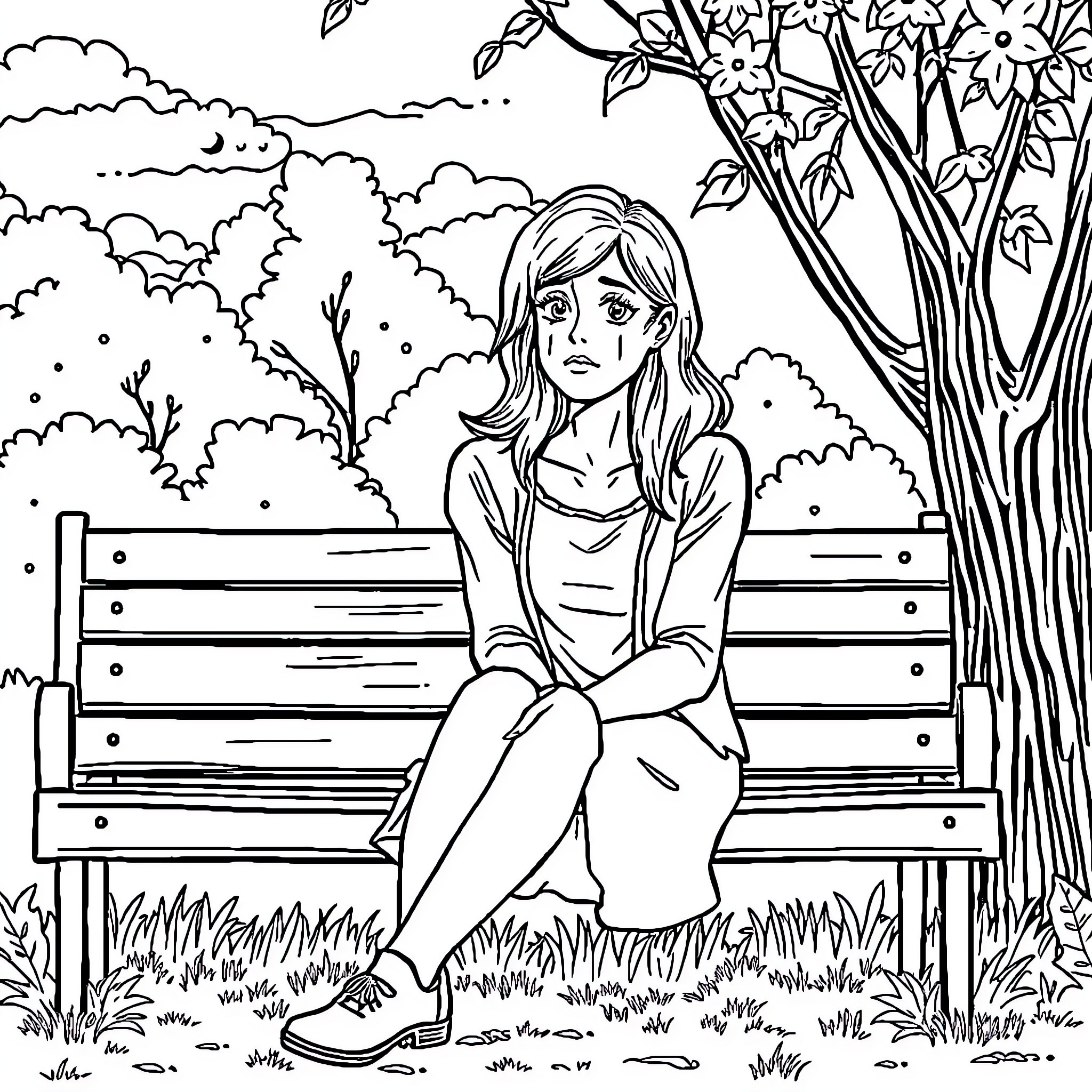 Woman sitting alone on a bench in a park Coloring Page (free black-and-white line drawing printable PDF for all, from beginners to advanced learners, including children, teens, adults, and seniors)