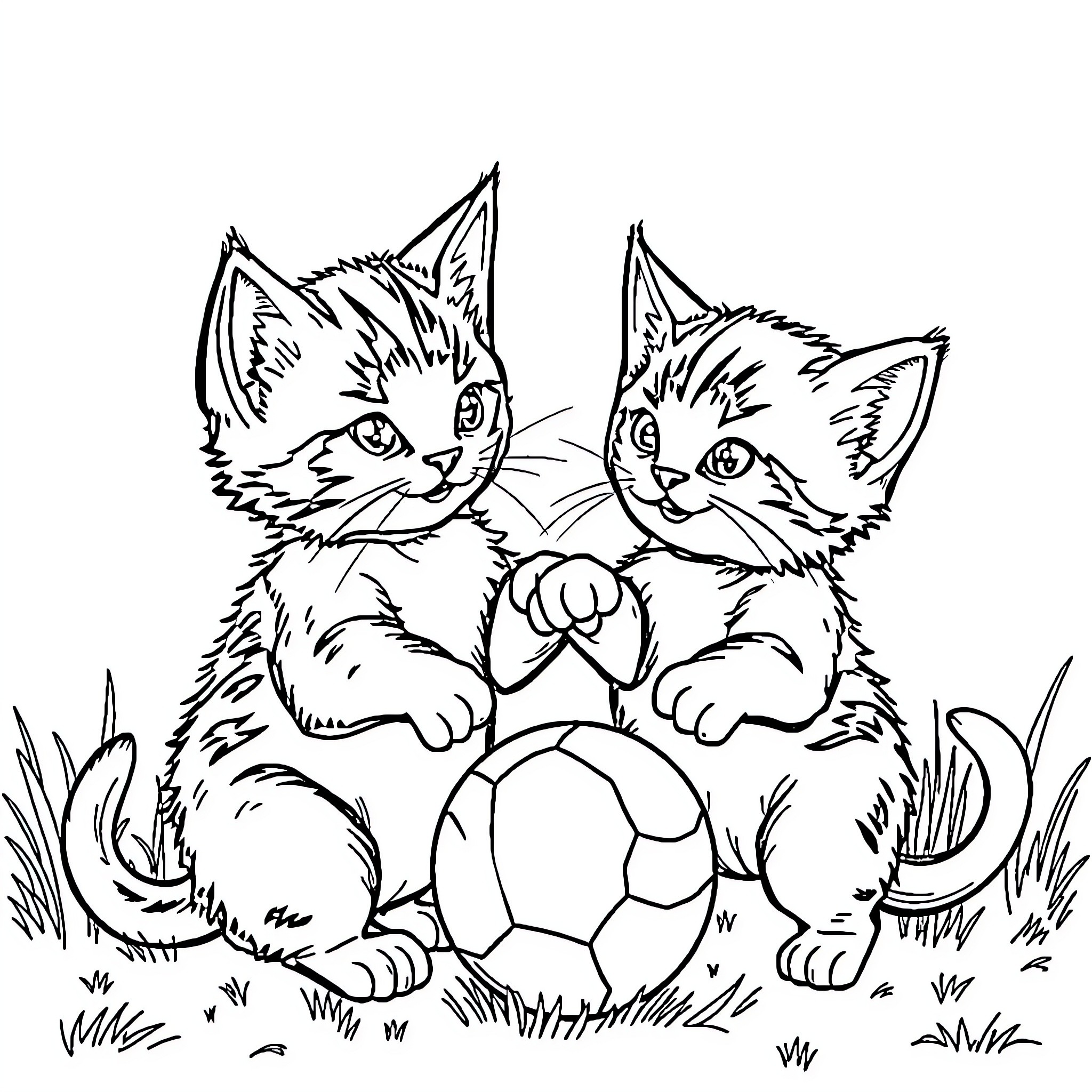 Kittens playing with soccer ball in the grass Coloring Page (free black-and-white line drawing printable PDF for all, from beginners to advanced learners, including children, teens, adults, and seniors)