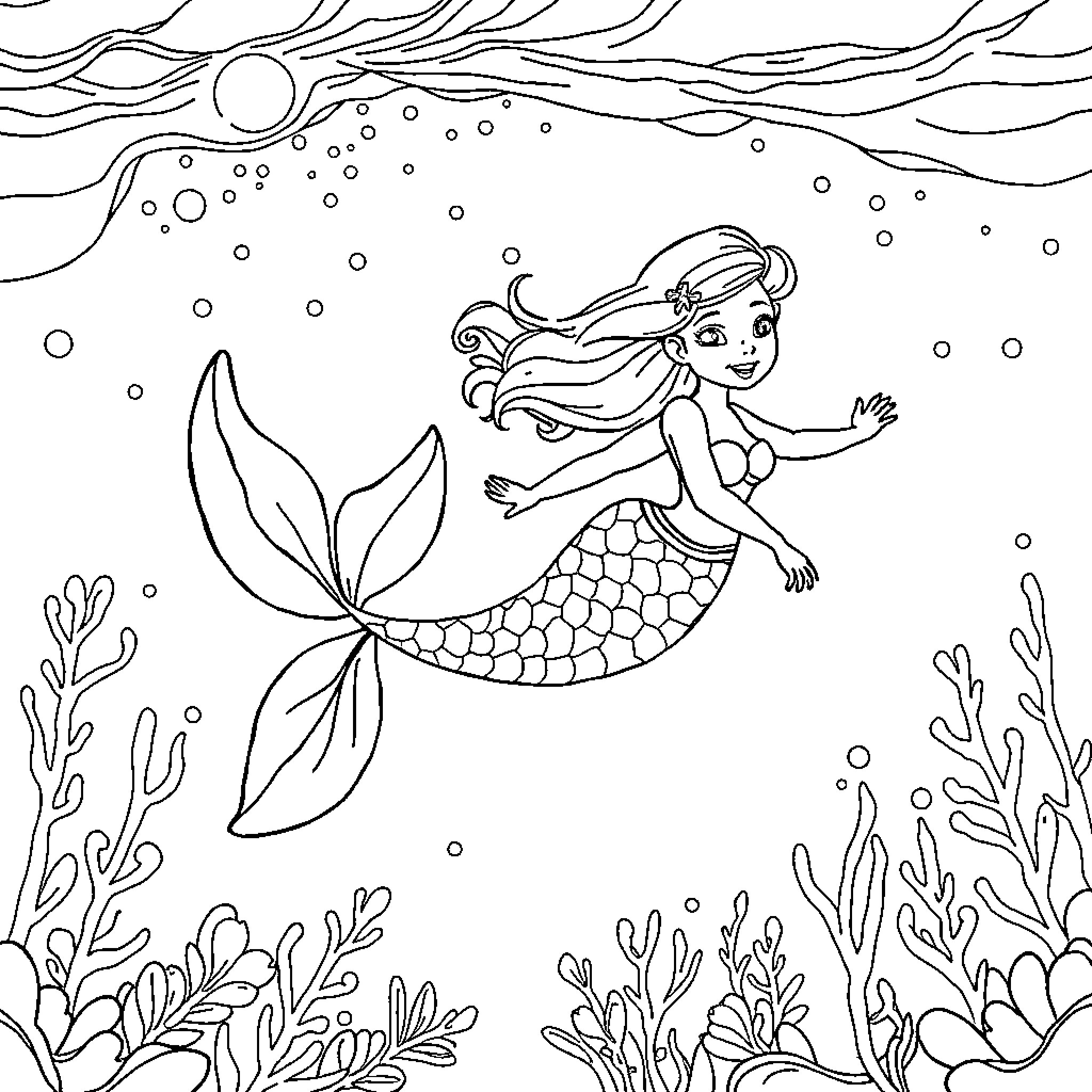 Mermaid exploring the underwater world Coloring Page (free black-and-white line drawing printable PDF for all, from beginners to advanced learners, including children, teens, adults, and seniors)