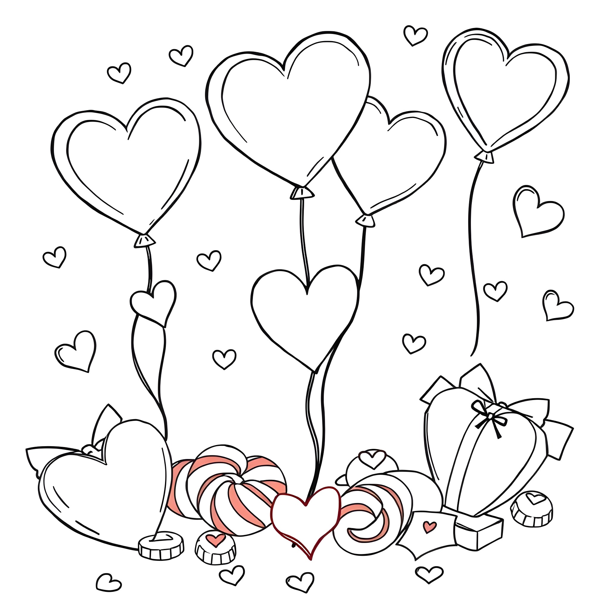 Valentine's Day Celebration with Heart-Shaped Balloons and Candy Coloring Page (free black-and-white line drawing printable PDF for all, from beginners to advanced learners, including children, teens, adults, and seniors)