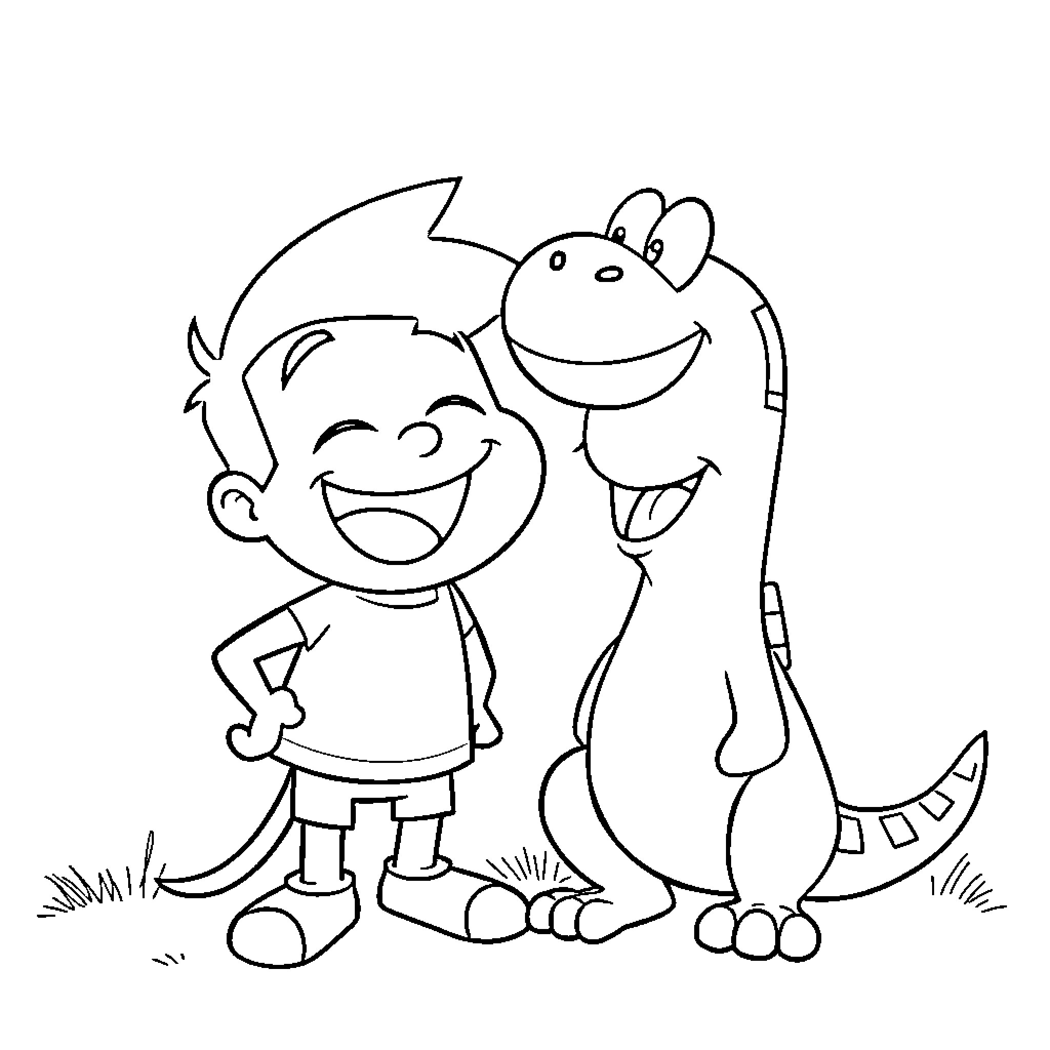 Gumball and his dinosaur friend having fun Coloring Page (free black-and-white line drawing printable PDF for all, from beginners to advanced learners, including children, teens, adults, and seniors)