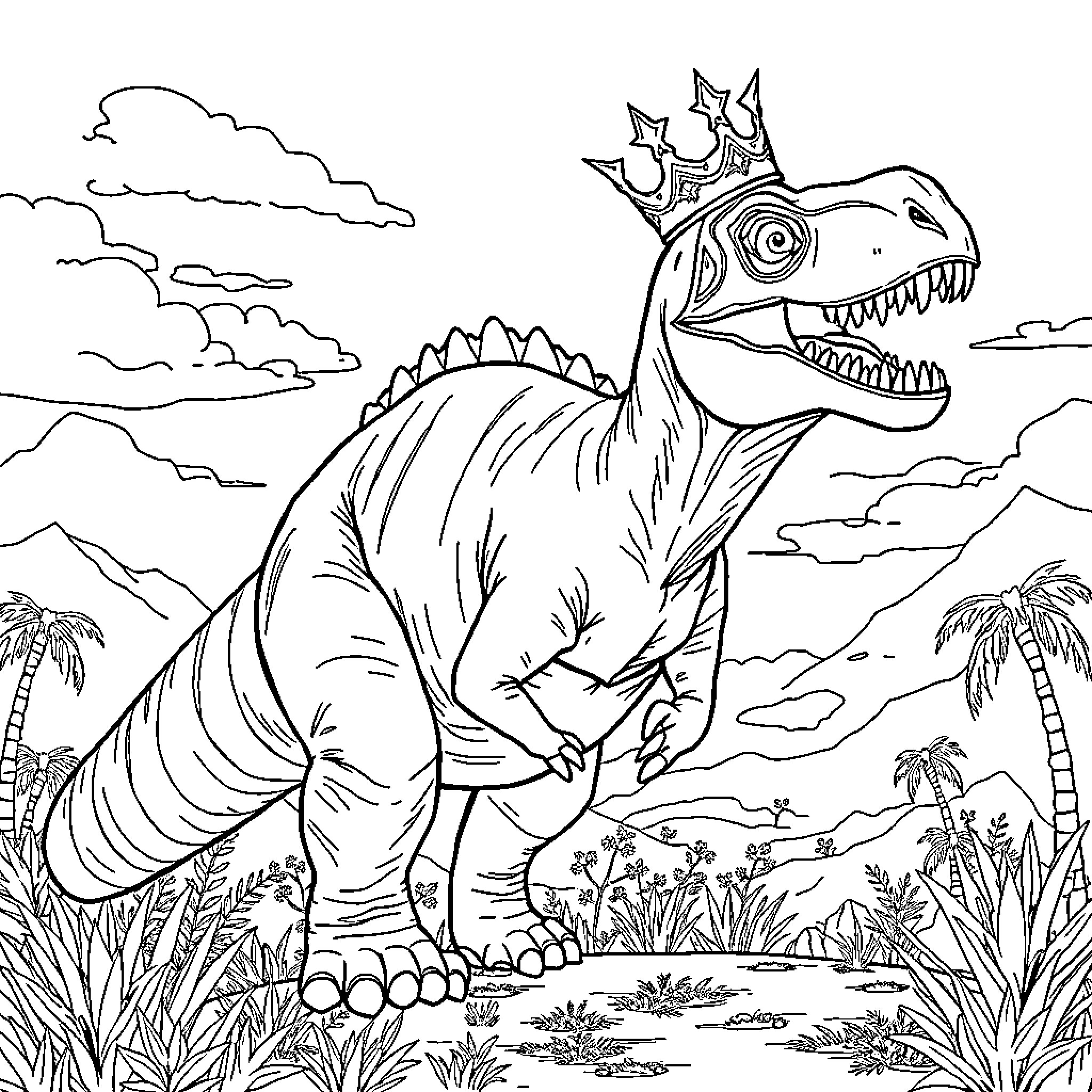 Coronasaurus Rex: Dinosaur King in Prehistoric Landscape Coloring Page (free black-and-white line drawing printable PDF for all, from beginners to advanced learners, including children, teens, adults, and seniors)