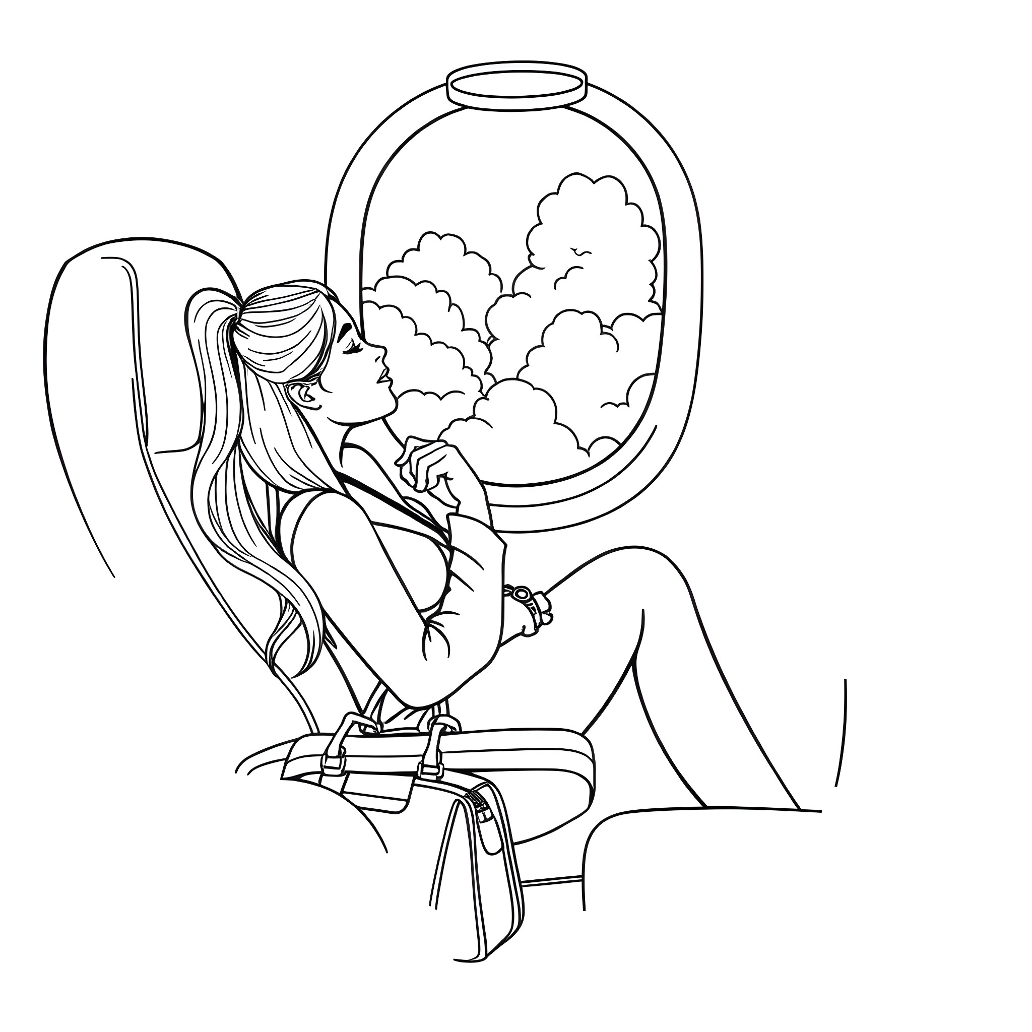 Ariana Grande relaxing in a cozy chair Coloring Page (free black-and-white line drawing printable PDF for all, from beginners to advanced learners, including children, teens, adults, and seniors)