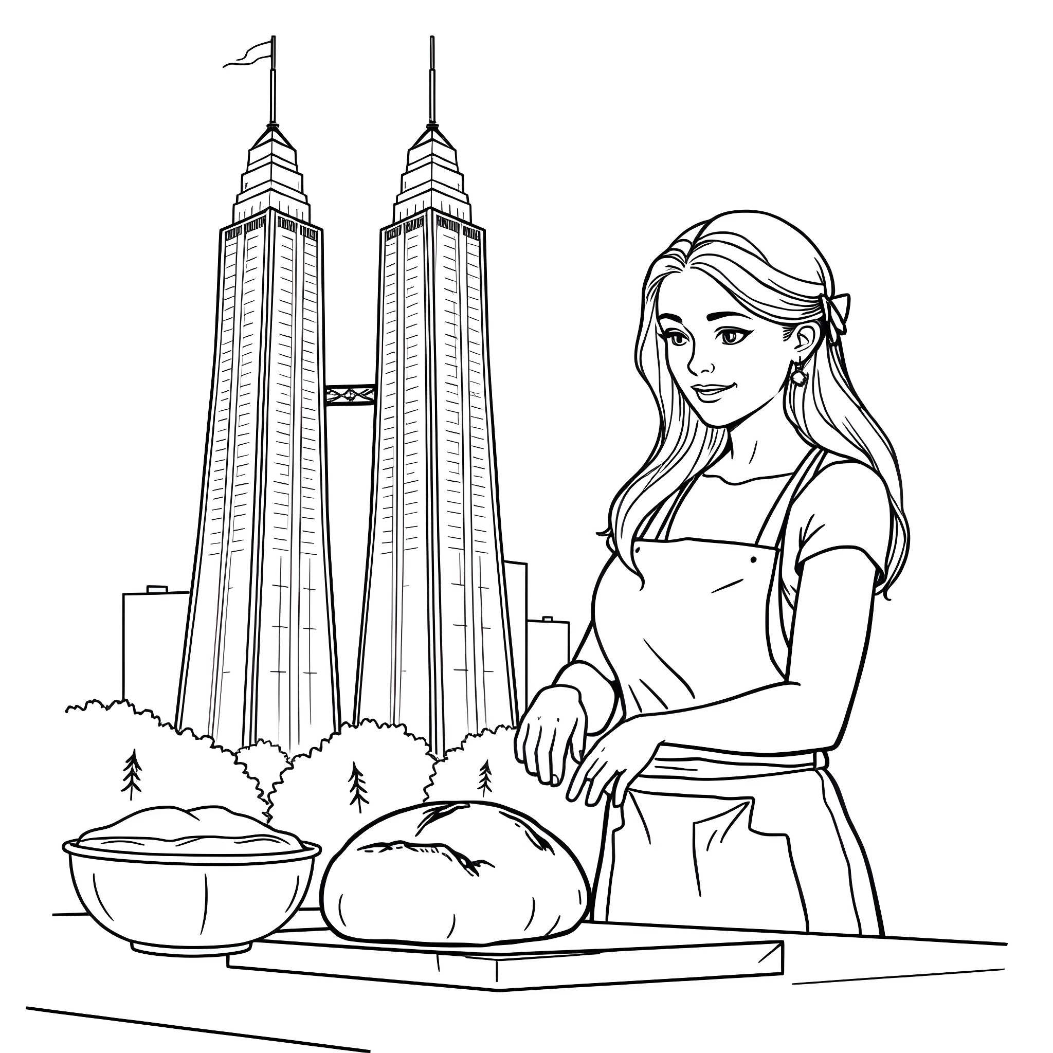 Skylar White preparing a meal in the city Coloring Page (free black-and-white line drawing printable PDF for all, from beginners to advanced learners, including children, teens, adults, and seniors)
