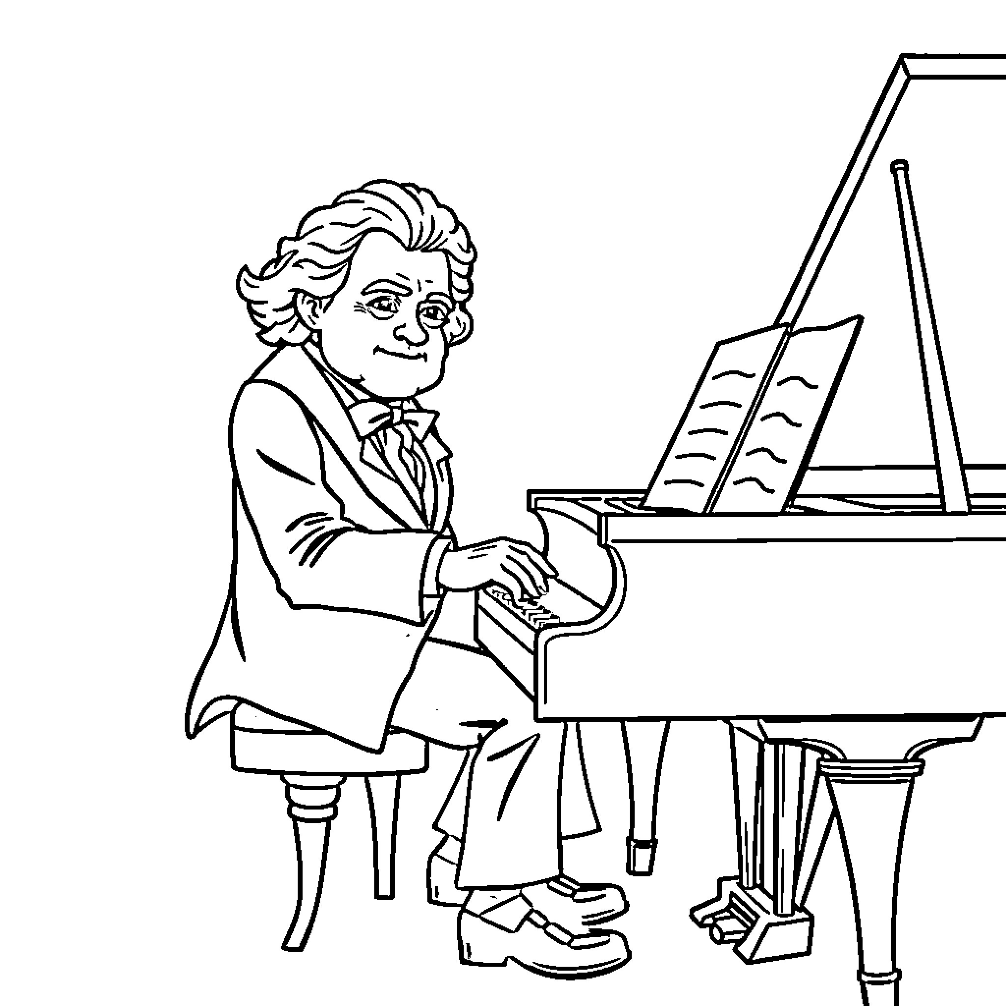 Beethoven composing at the piano Coloring Page (free black-and-white line drawing printable PDF for all, from beginners to advanced learners, including children, teens, adults, and seniors)