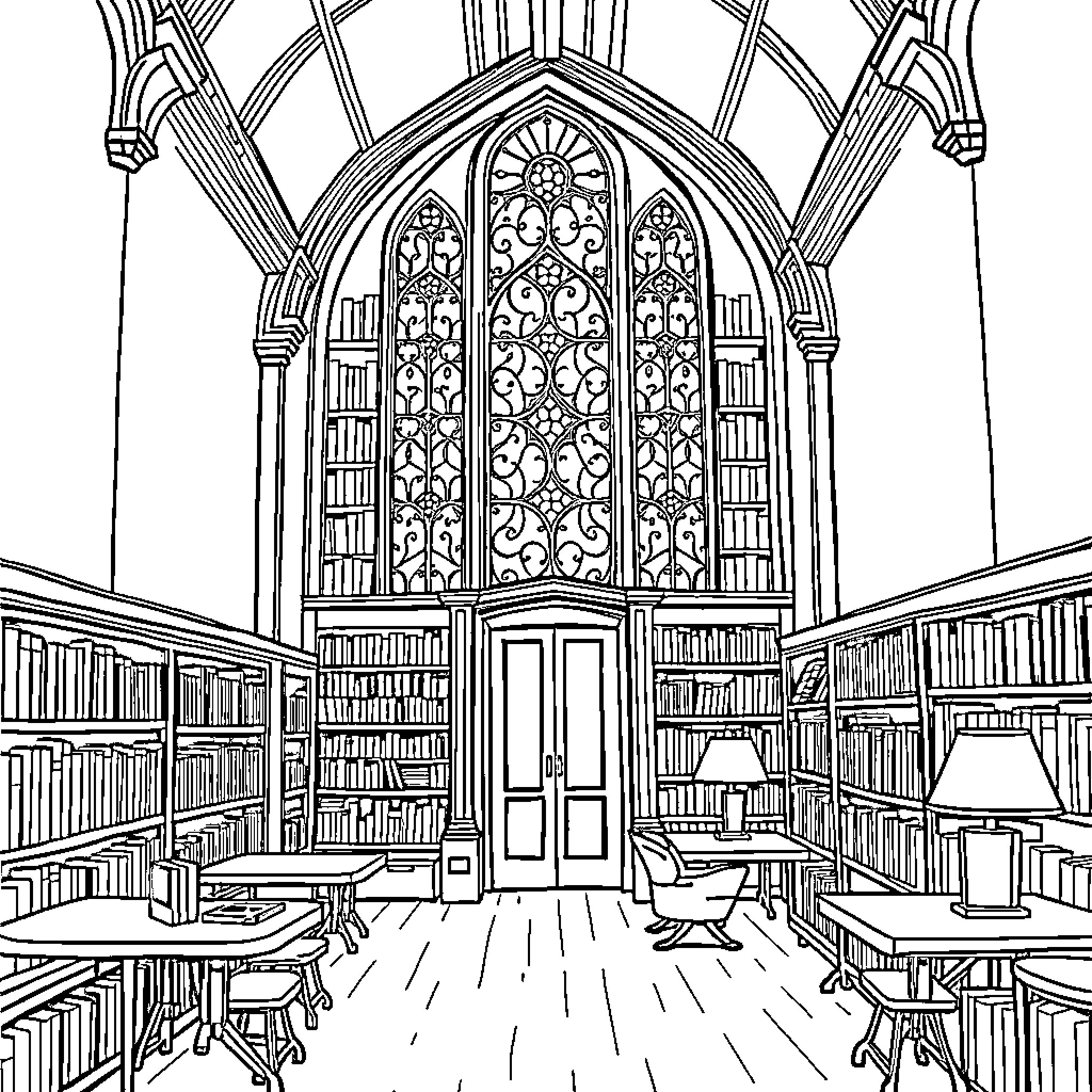 Library with ornate Gothic-style architecture Coloring Page (free black-and-white line drawing printable PDF for all, from beginners to advanced learners, including children, teens, adults, and seniors)
