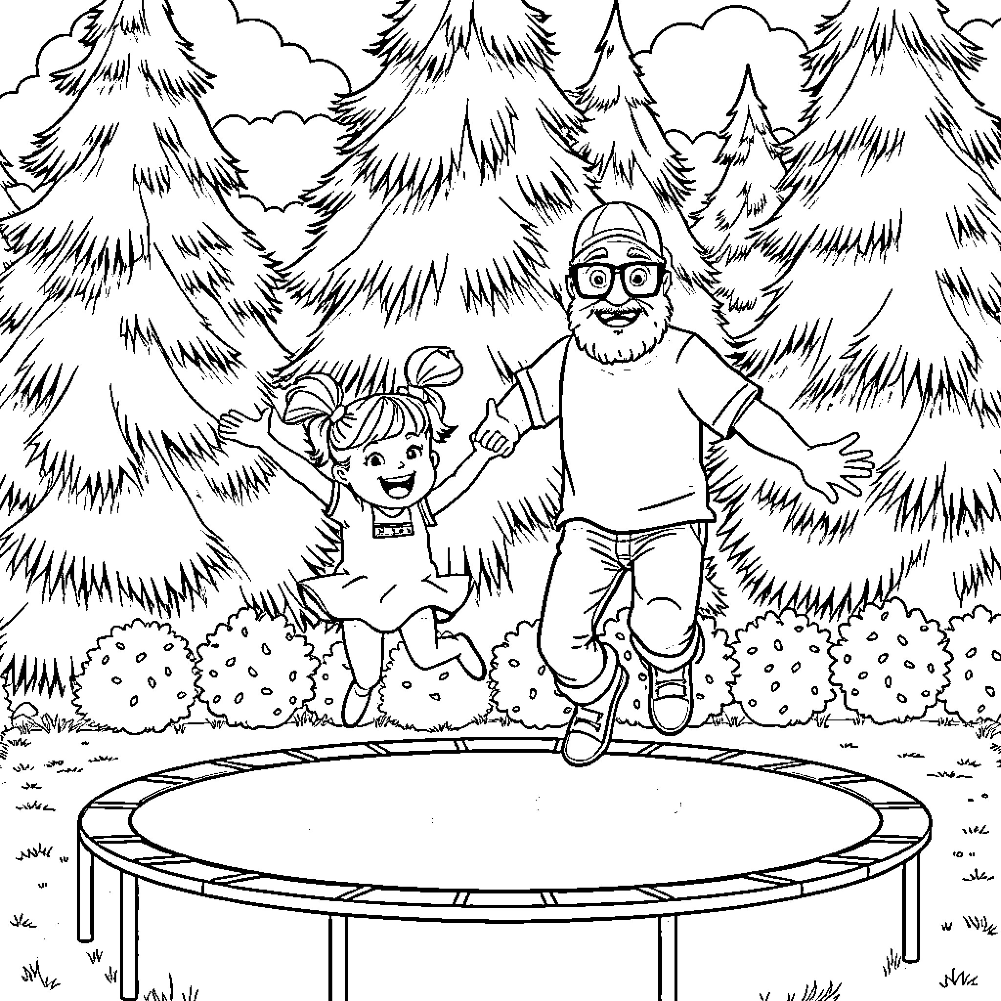 Girl and man jumping on trampoline in forest Coloring Page (free black-and-white line drawing printable PDF for all, from beginners to advanced learners, including children, teens, adults, and seniors)
