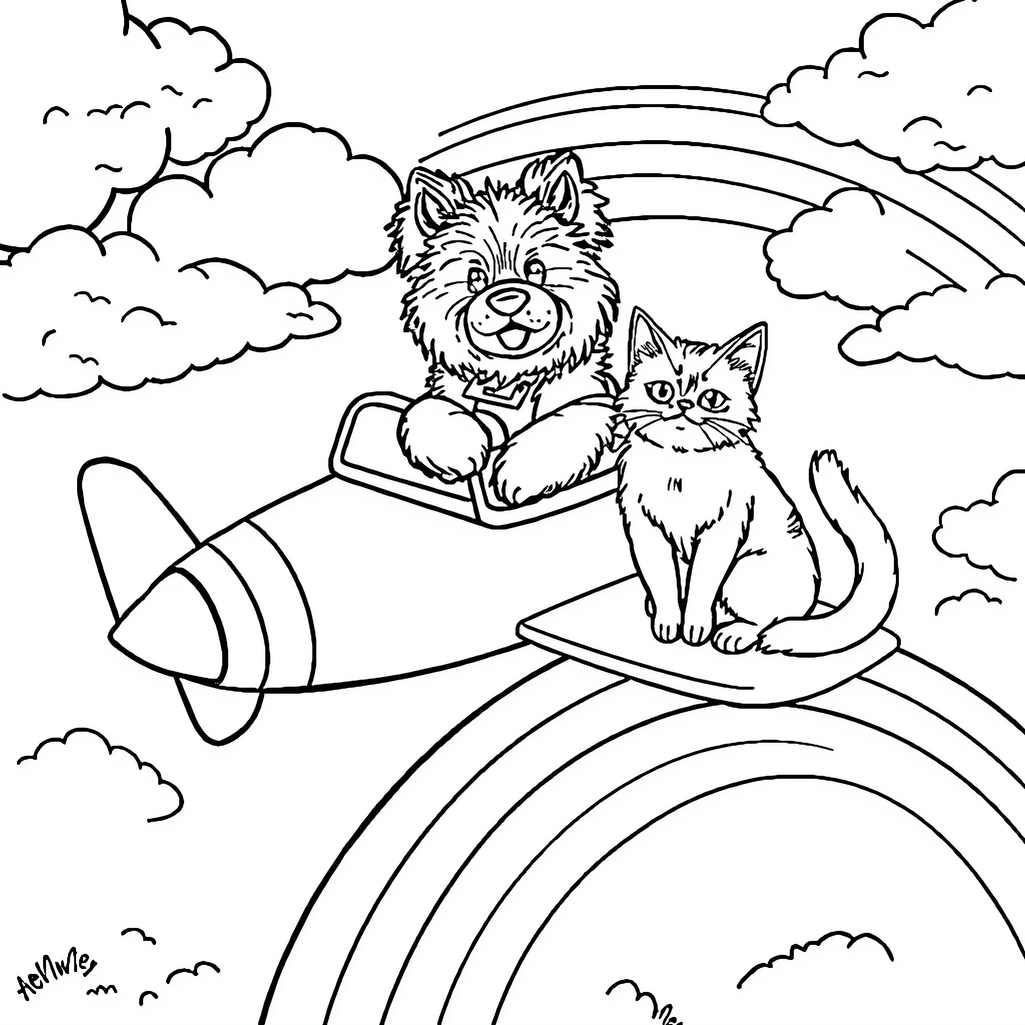 Keeshond and cat flying in plane over rainbow Coloring Page (free black-and-white line drawing printable PDF for all, from beginners to advanced learners, including children, teens, adults, and seniors)