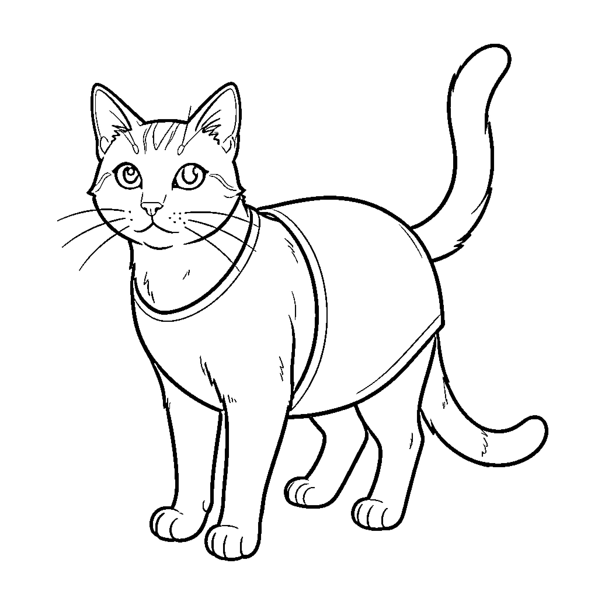 Cat standing alert and attentive Coloring Page (free black-and-white line drawing printable PDF for all, from beginners to advanced learners, including children, teens, adults, and seniors)