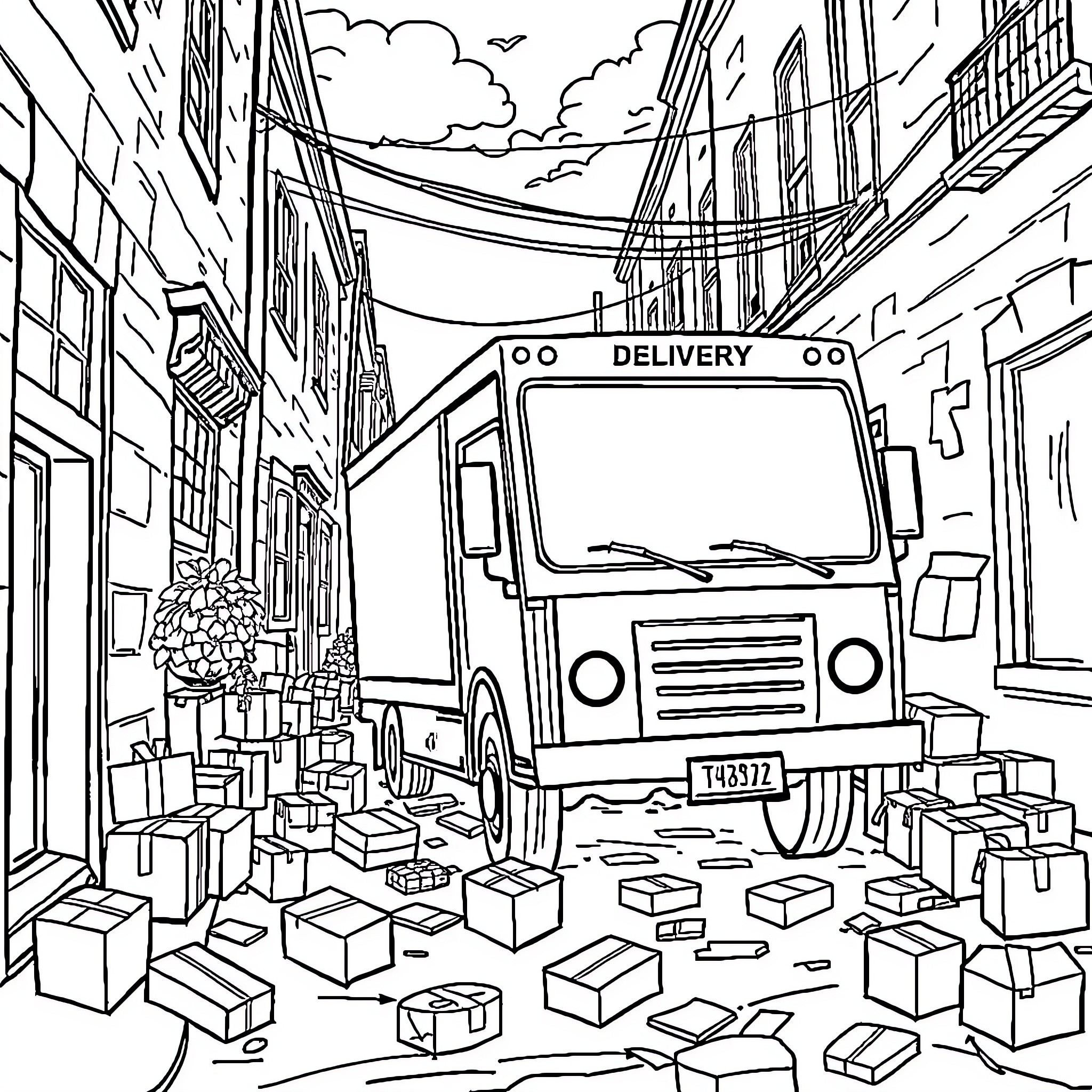 Delivery van unloading packages on city street Coloring Page (free black-and-white line drawing printable PDF for all, from beginners to advanced learners, including children, teens, adults, and seniors)