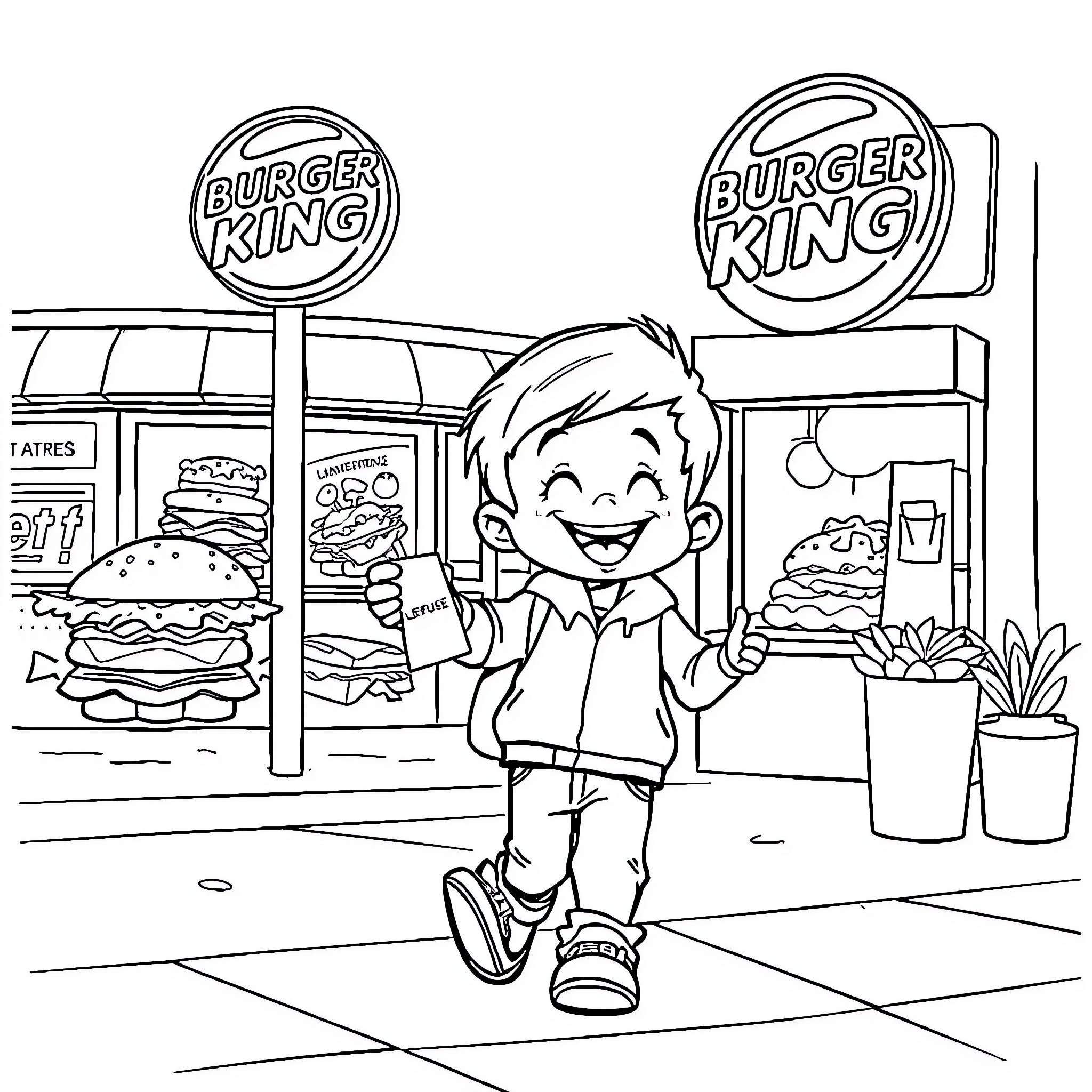 Child visiting a fast food restaurant Coloring Page (free black-and-white line drawing printable PDF for all, from beginners to advanced learners, including children, teens, adults, and seniors)