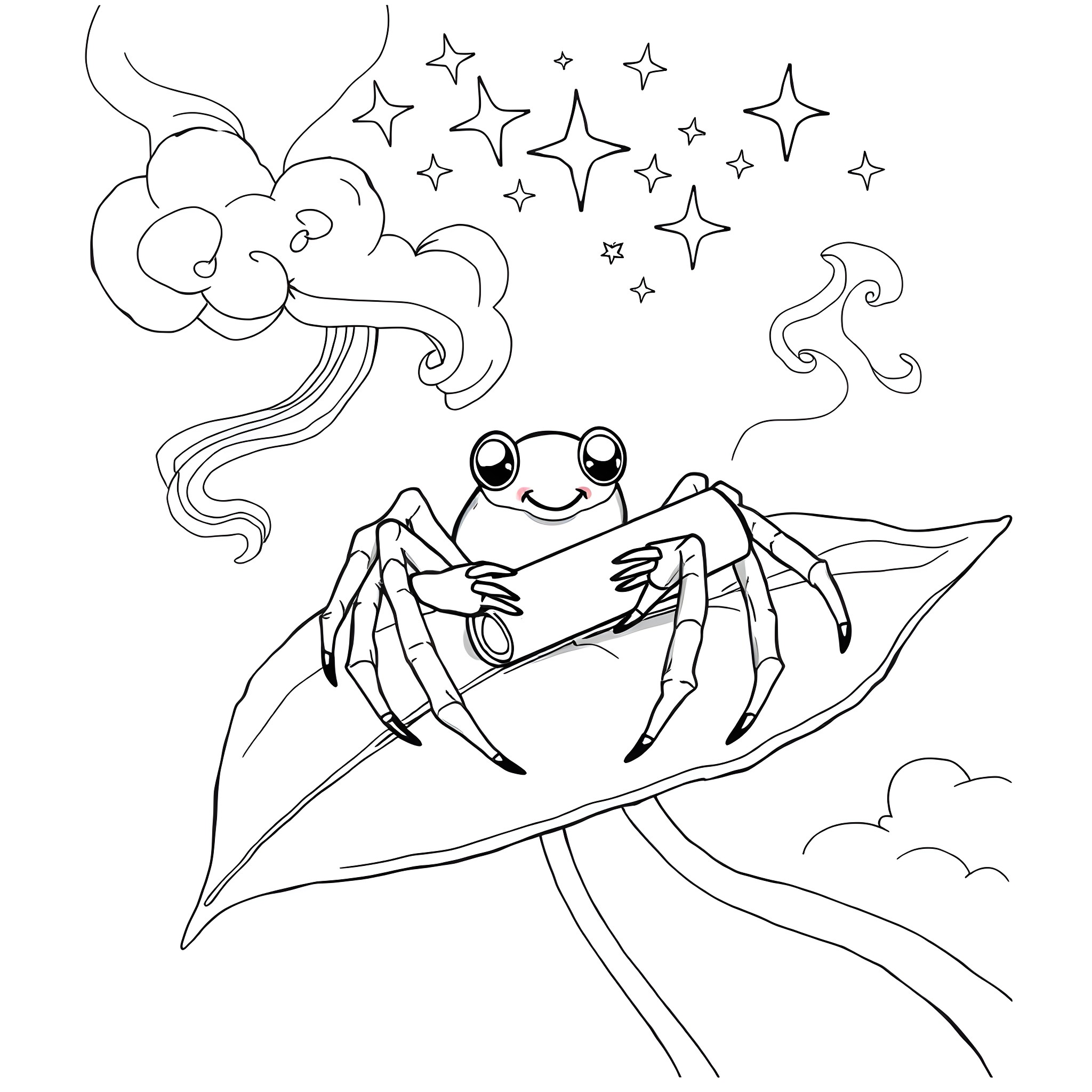 Spider riding a shooting star amidst the night sky Coloring Page (free black-and-white line drawing printable PDF for all, from beginners to advanced learners, including children, teens, adults, and seniors)