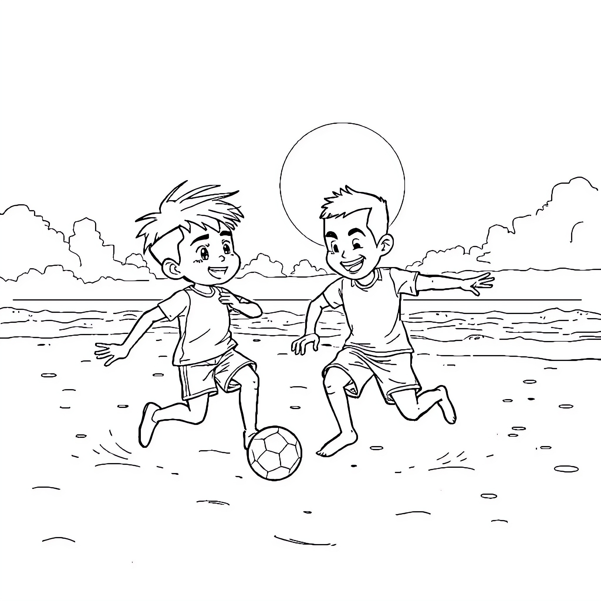Tung Tung Boys Playing Soccer on the Beach Coloring Page (free black-and-white line drawing printable PDF for all, from beginners to advanced learners, including children, teens, adults, and seniors)