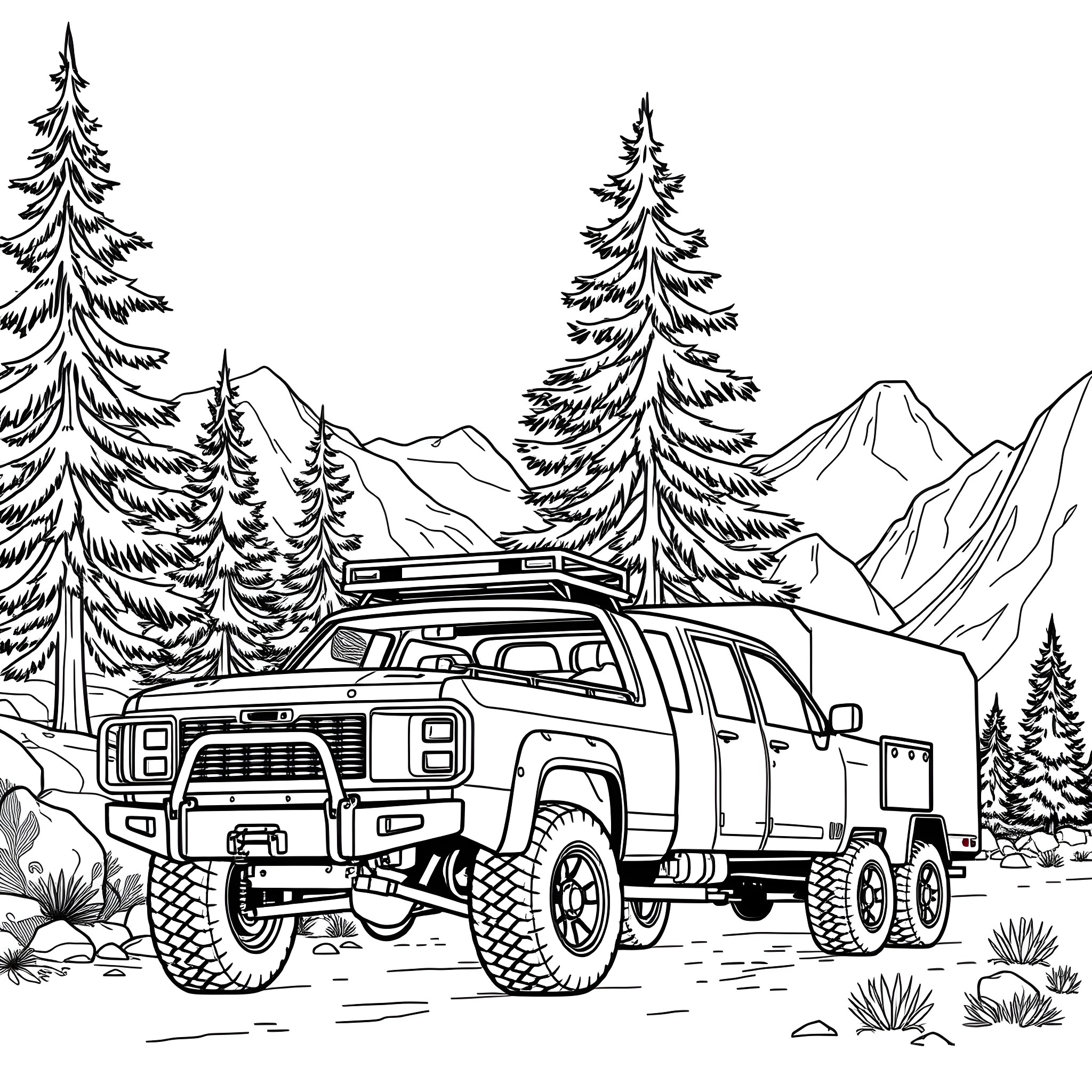 Car Trailer Transporting Truck in Snowy Mountainous Landscape Coloring Page (free black-and-white line drawing printable PDF for all, from beginners to advanced learners, including children, teens, adults, and seniors)