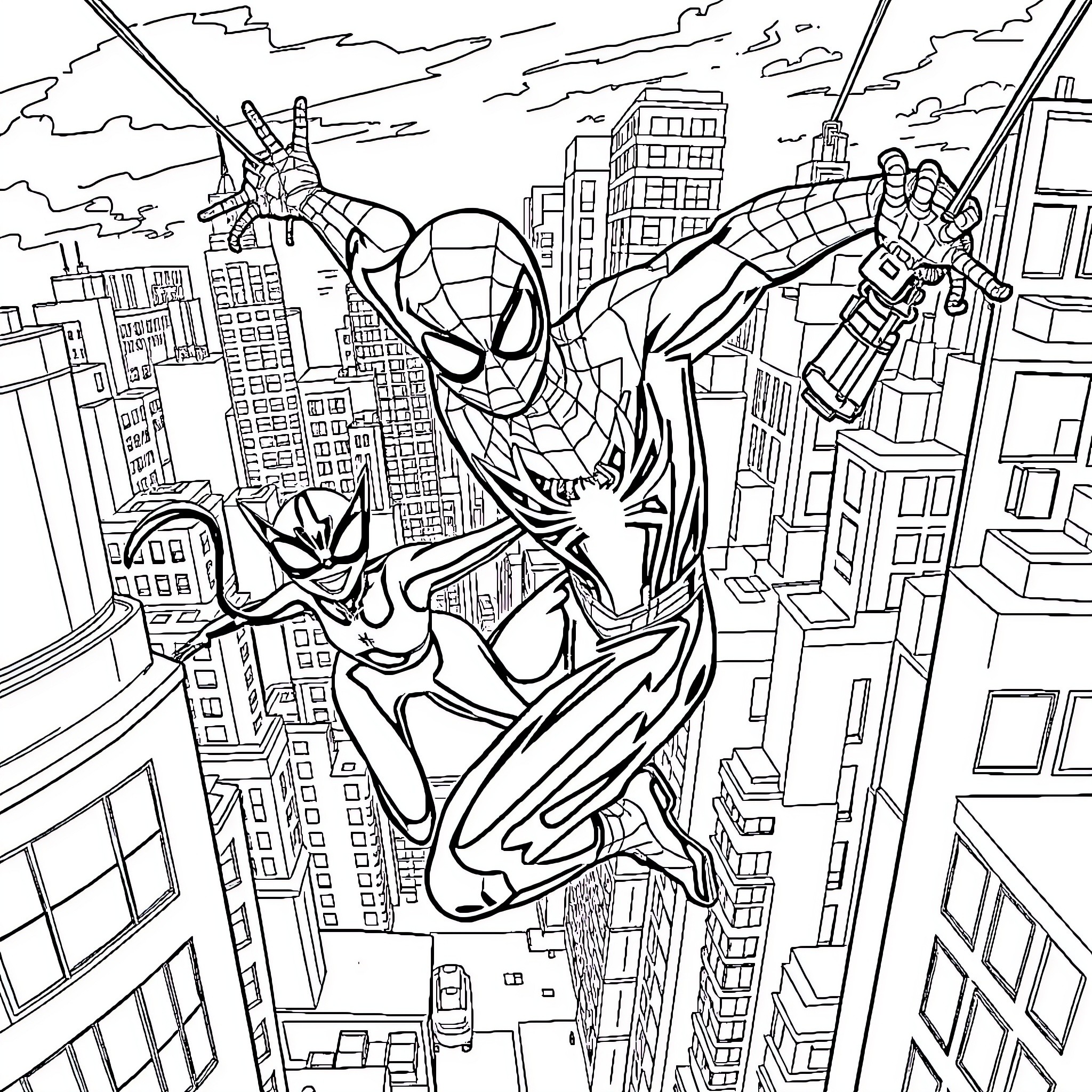 Spiderman swinging through the city skyline Coloring Page (free black-and-white line drawing printable PDF for all, from beginners to advanced learners, including children, teens, adults, and seniors)