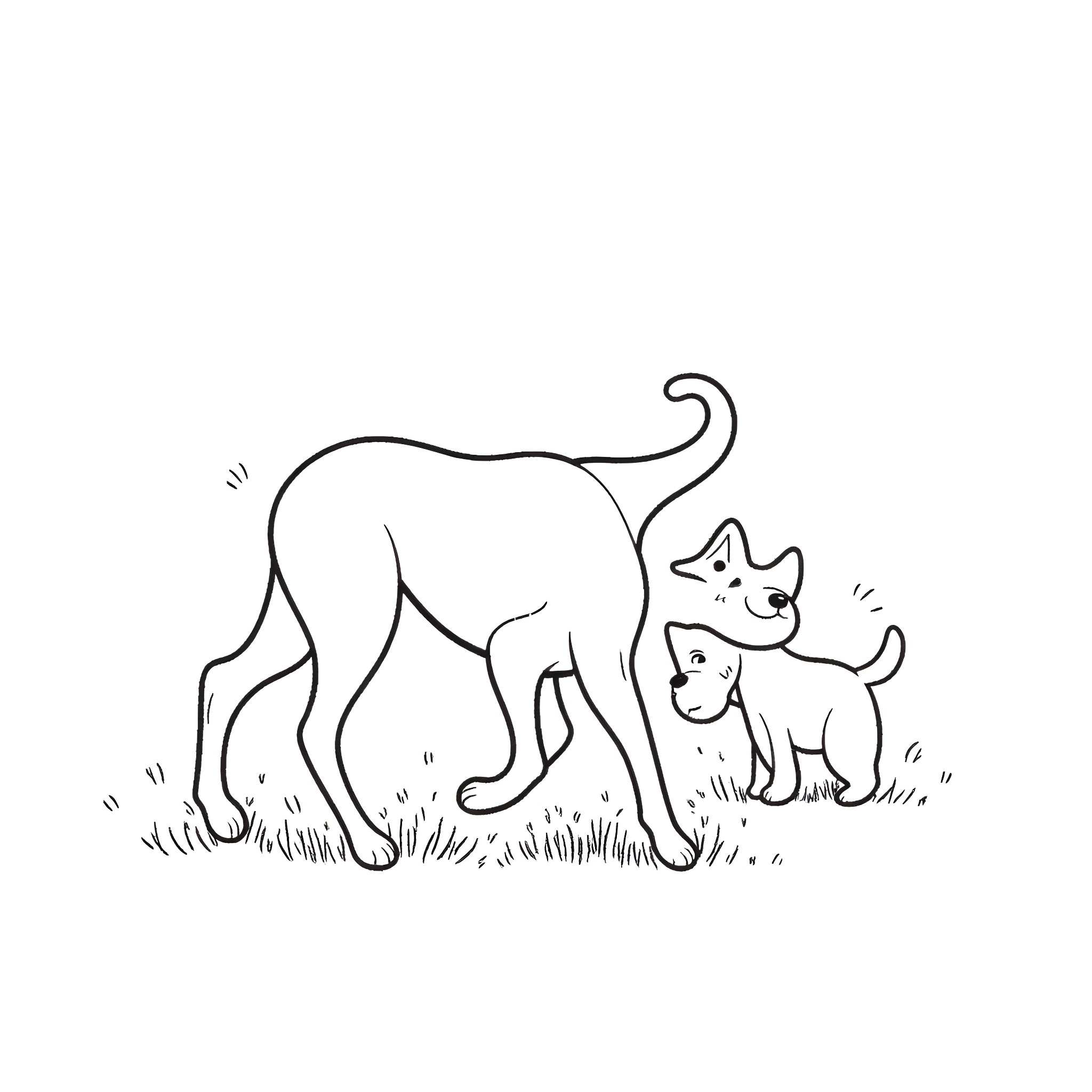 Dog and puppy playing in the grass Coloring Page (free black-and-white line drawing printable PDF for all, from beginners to advanced learners, including children, teens, adults, and seniors)