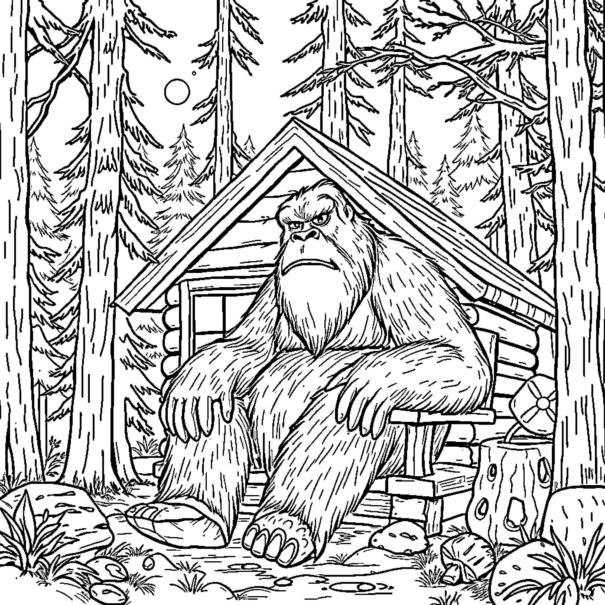 Bigfoot resting in the forest cabin Coloring Page (free black-and-white line drawing printable PDF for all, from beginners to advanced learners, including children, teens, adults, and seniors)